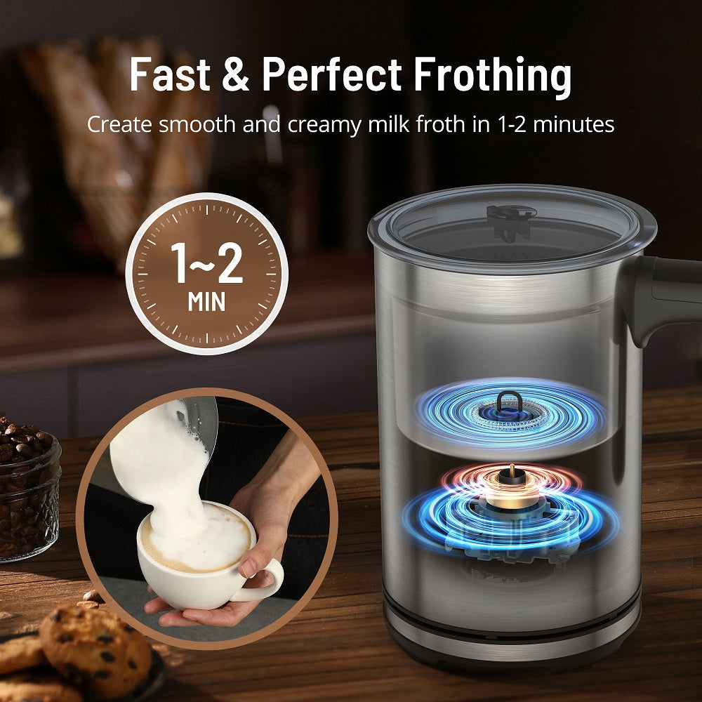Miroco Milk Frother 011,with Hot & Cold Milk Functionality, Automatic Stainless Steel Milk Steamer