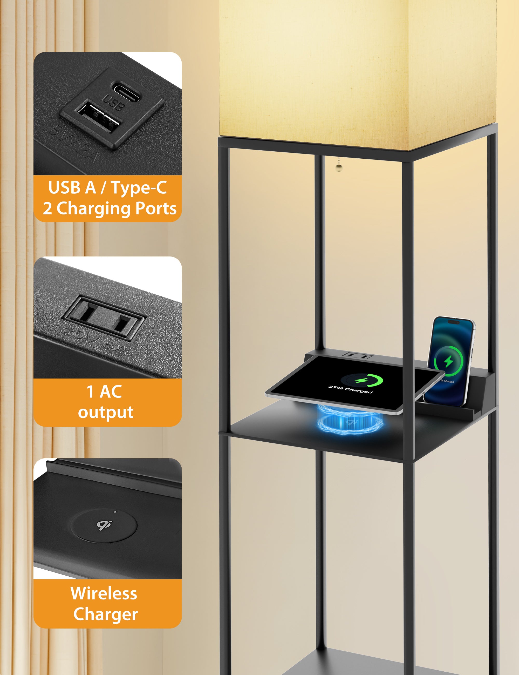 TaoTronics 4-in-1 Smart RGB Floor Lamp with Shelves NB-DL003, Dimmable RGB Solid Standing Lamp with Wireless Charging