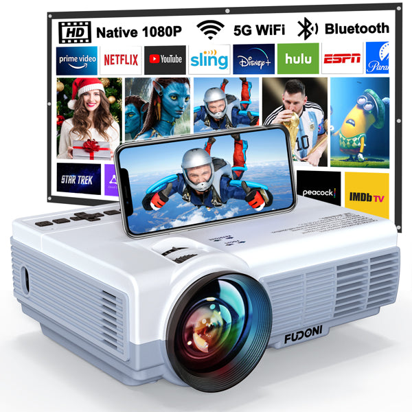 FUDONI Projector with WiFi and Bluetooth,5G WiFi 9000L Native 1080P Video Projector, Compatible with TV Stick