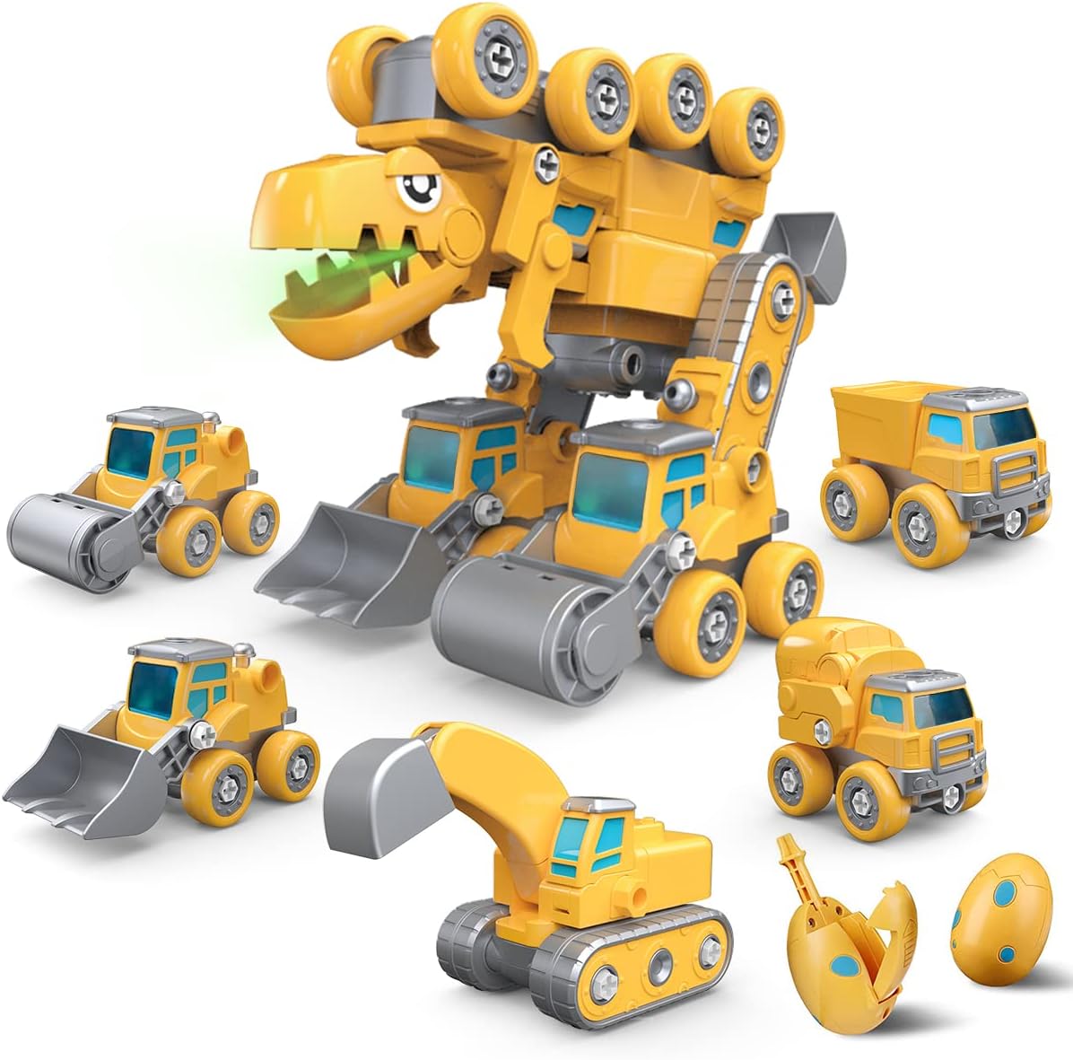 KATTUN 5 in 1 Take Apart Dinosaur Toys, 5 Construction Vehicles Transform into a Big Dinosaur Robot Toys