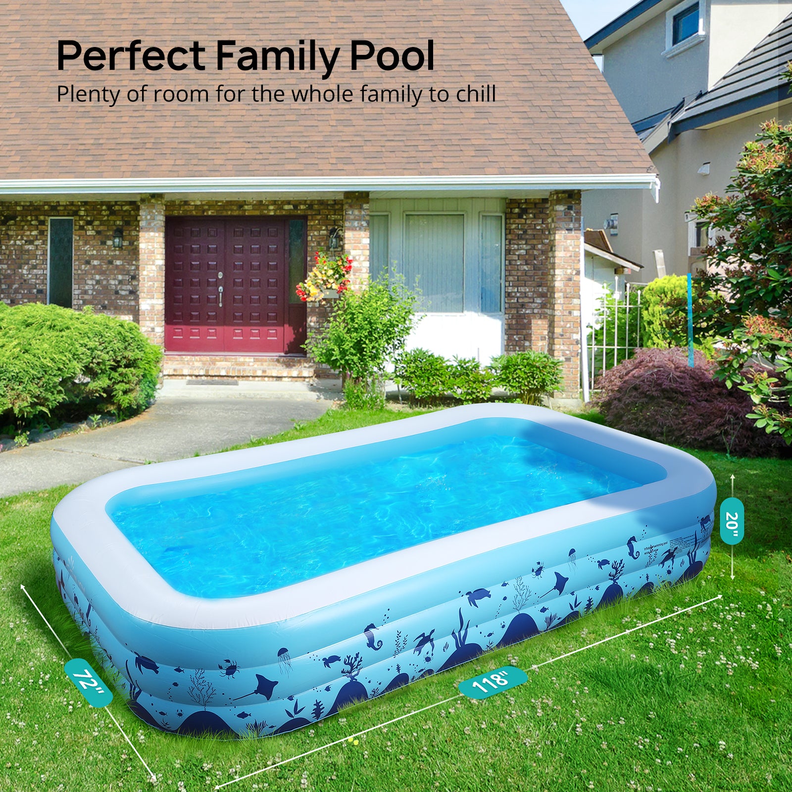 TaoTronics x Evajoy EJ-HF021 Large Inflatable Swimming Pool with Canopy, 118” x 72” x 20” Full-Sized Inflatable Pool