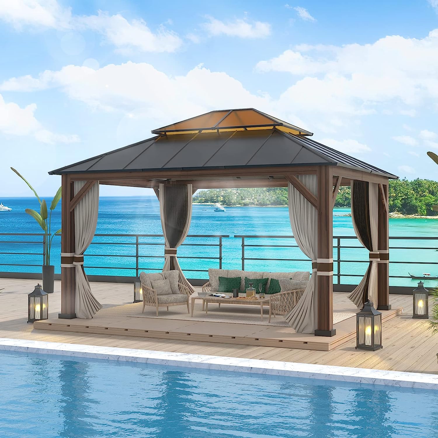 OLILAWN Gazebo 12x14, Hardtop Gazebo with Wood Finish Aluminum Frame