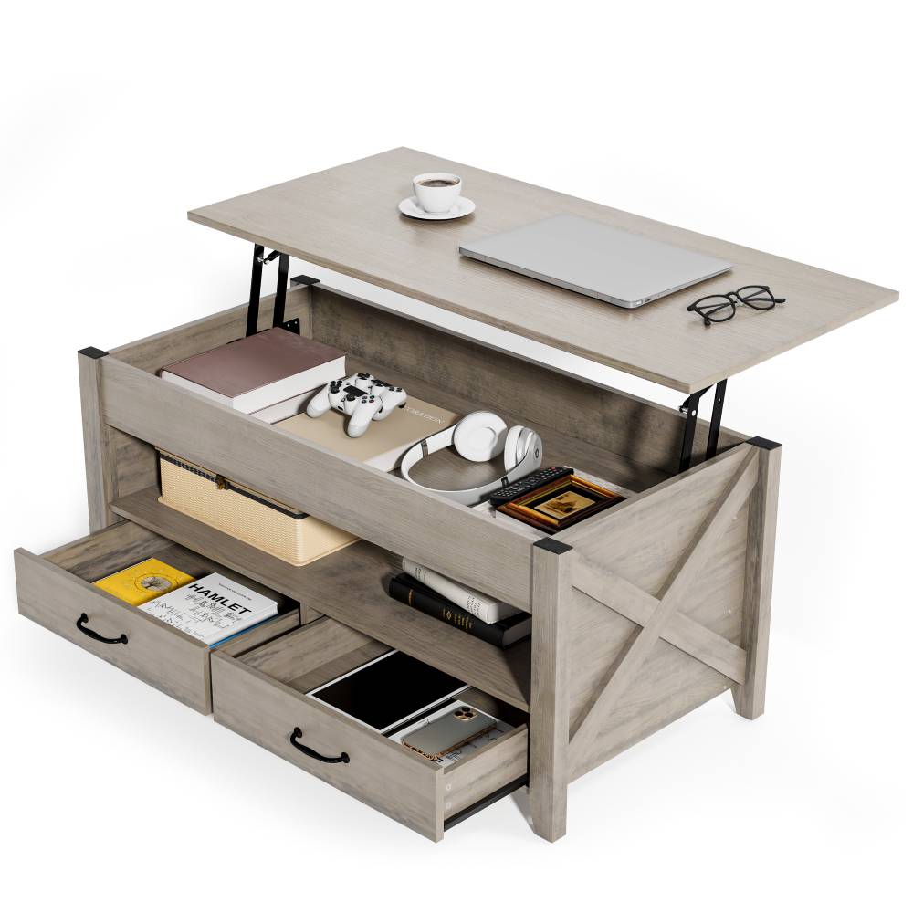 Lift Top Coffee Table, Modern Coffee Table with 2 Storage Drawers and Hidden Compartment