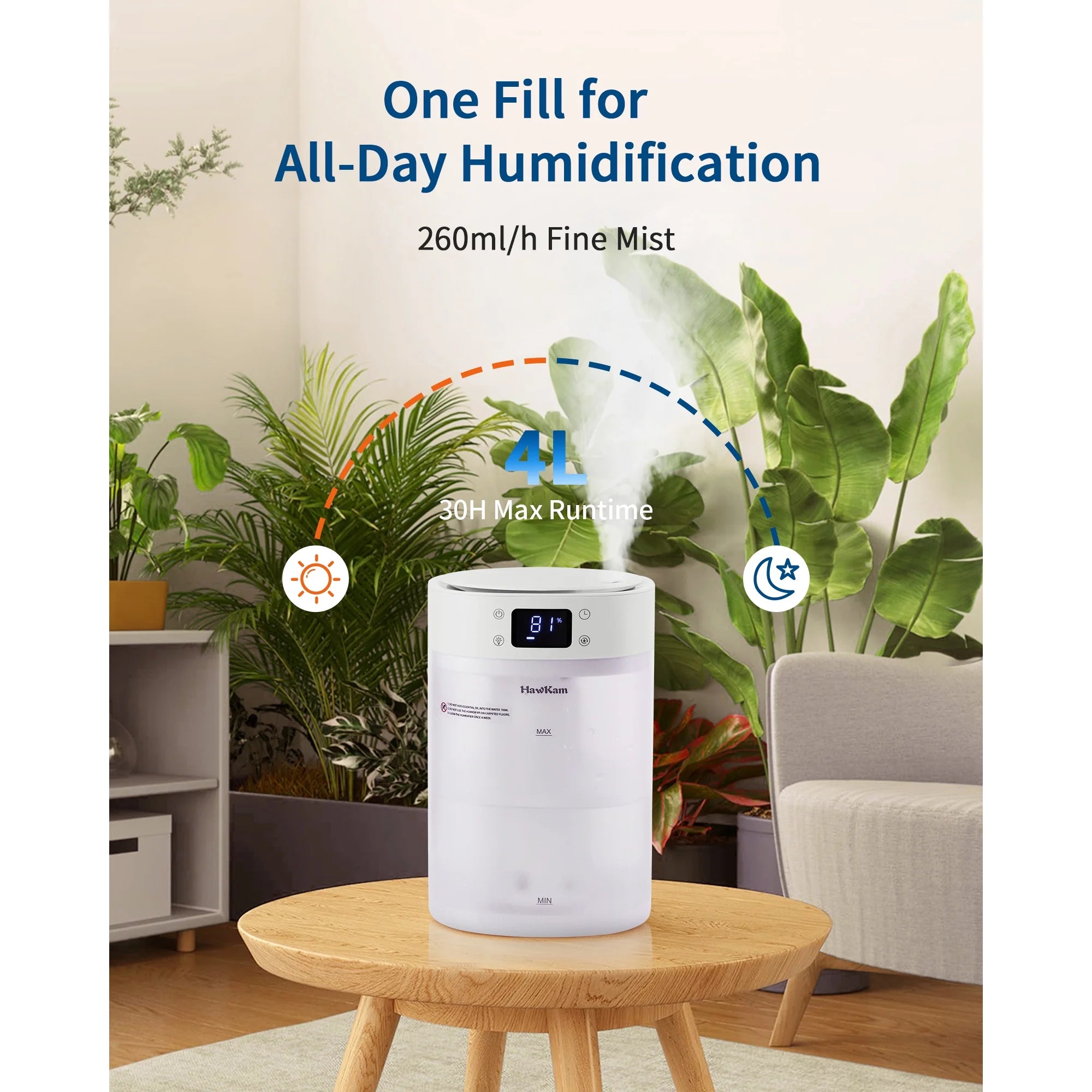 TaoTronics Humidifiers for Bedroom Home, (4L Water Tank) Top-filled Smart Quiet Cool Mist Humidifiers for Large Room, 360°Nozzle & Nightlight, 30H Runtime Air Humidifiers for Baby Nusery,Offices,Plants WM