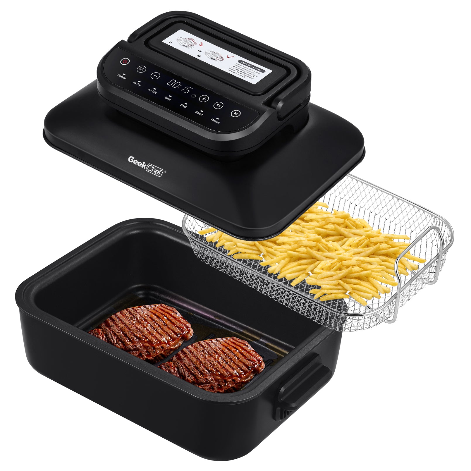 Geek Chef Smokeless Indoor Grill with Air Fry & Non-Stick Plate - 7-in-1, Portable, 6 servings