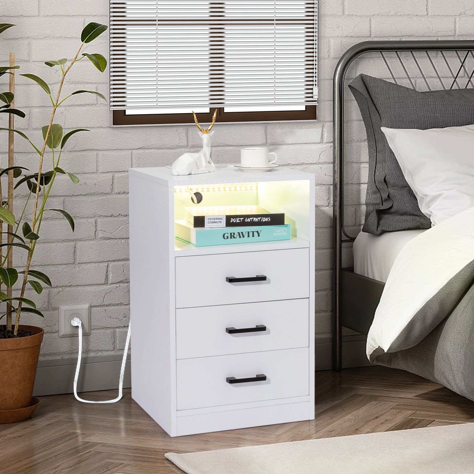 White Nightstand with Wireless Charging Station and LED Lights, Modern End Side Table with 3 Drawers