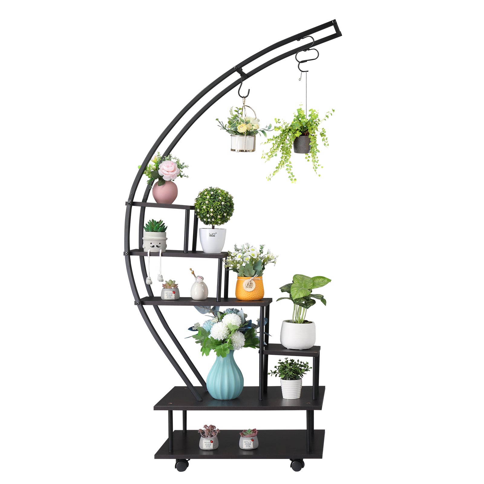 Artisasset 6 Tiers Semicircular Iron Wood With Wheels Iron Planter 1-2PCS