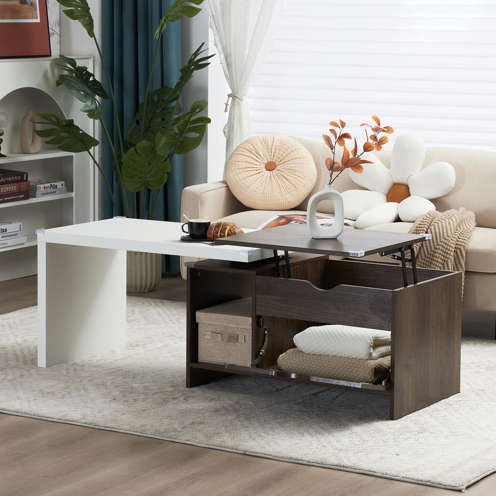 59" L Large Wood Coffee Table with Storage, Modern Extendable Transformer Table Lift Top Center Table for Living Room