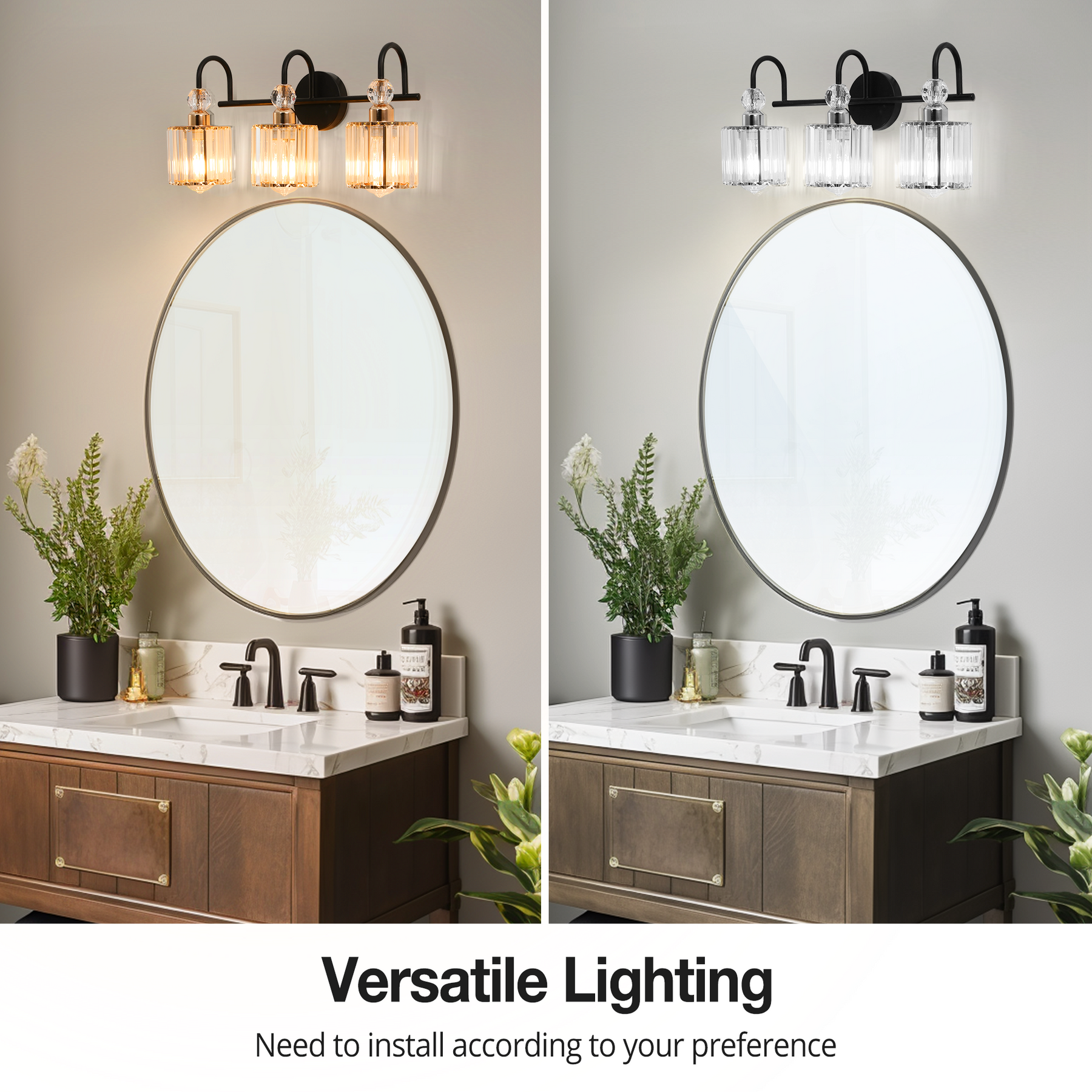 TaoTronics Black Gold Crystal 3-Light Vanity Lighting, Bathroom Vanity Lights Fixtures Over Mirror