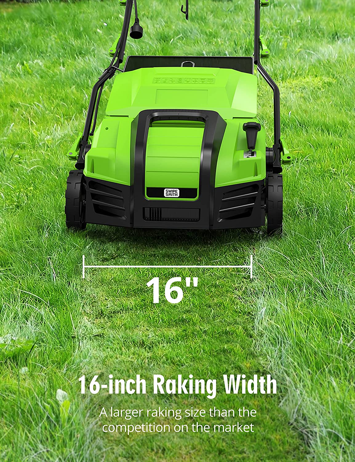 (2024 Upgraded) SWIPESMITH 16” 15 Amp Electric Dethatcher Scarifier, Lawn Dethatcher with 5-Position Depth Adjustment