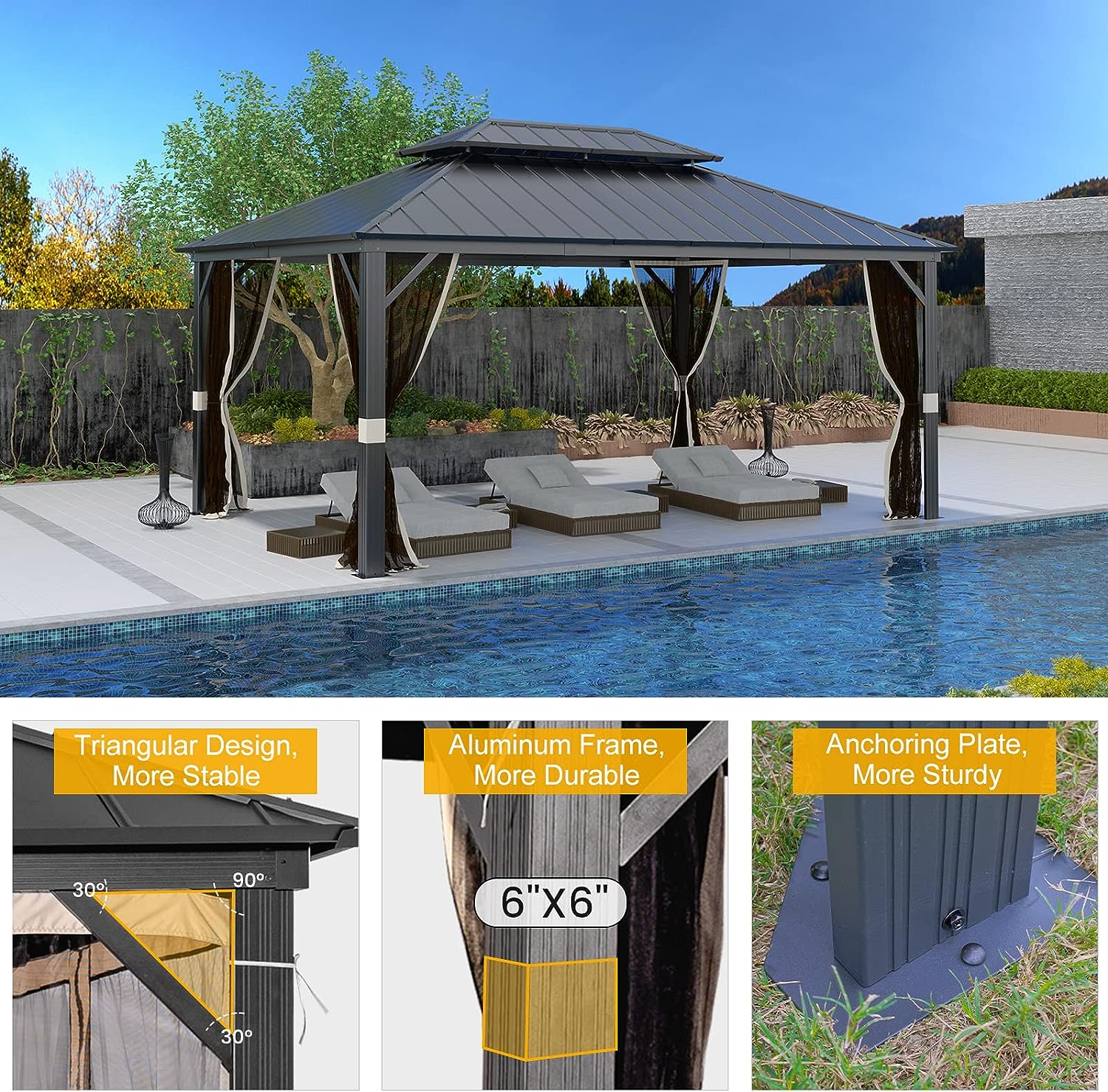 OLILAWN Gazebo 12x16, Hardtop Gazebo with Wood Finish Aluminum Frame