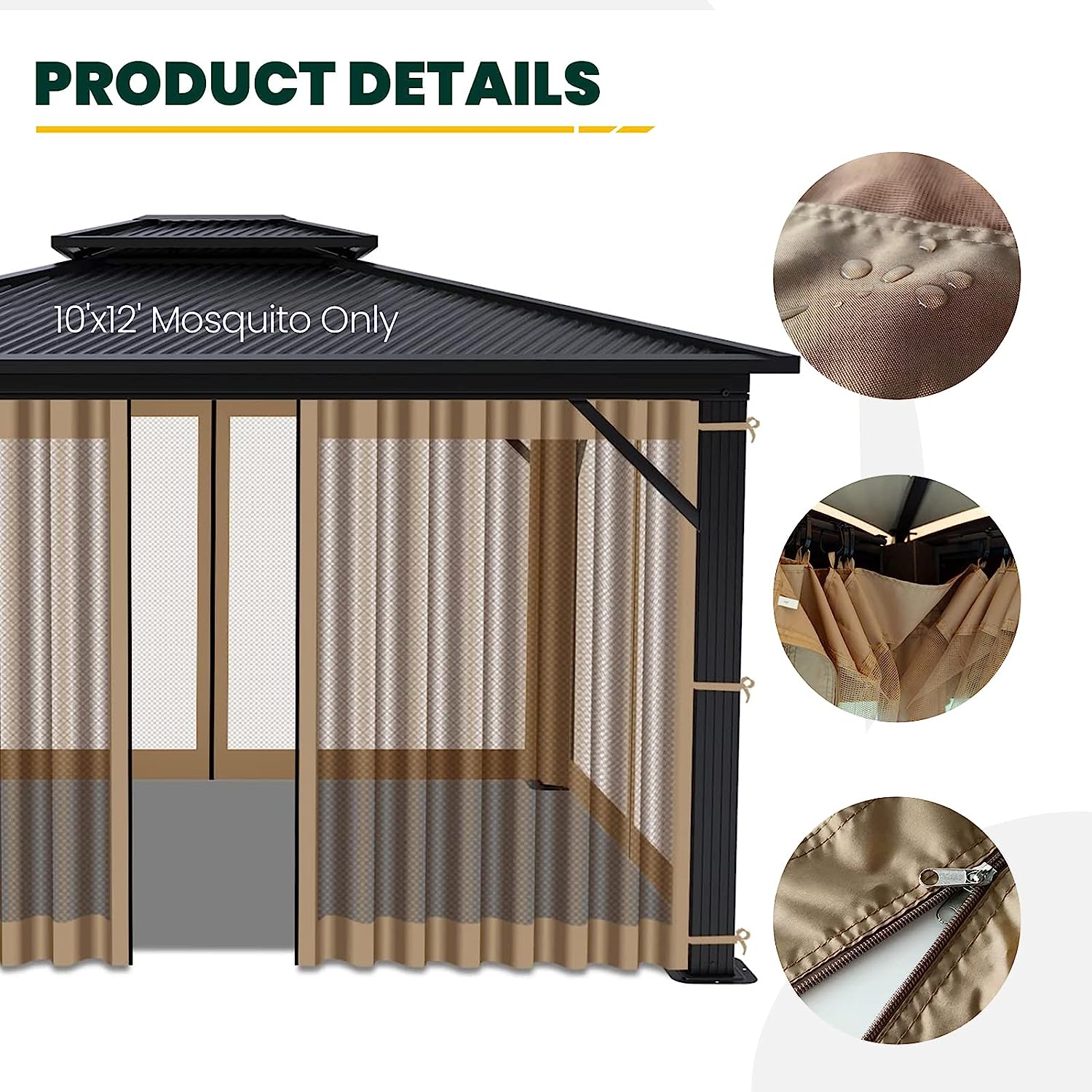 OLILAWN 10' x 12' Gazebo Universal Replacement Mosquito Netting, Outdoor 4-Panel Sidewall Curtain