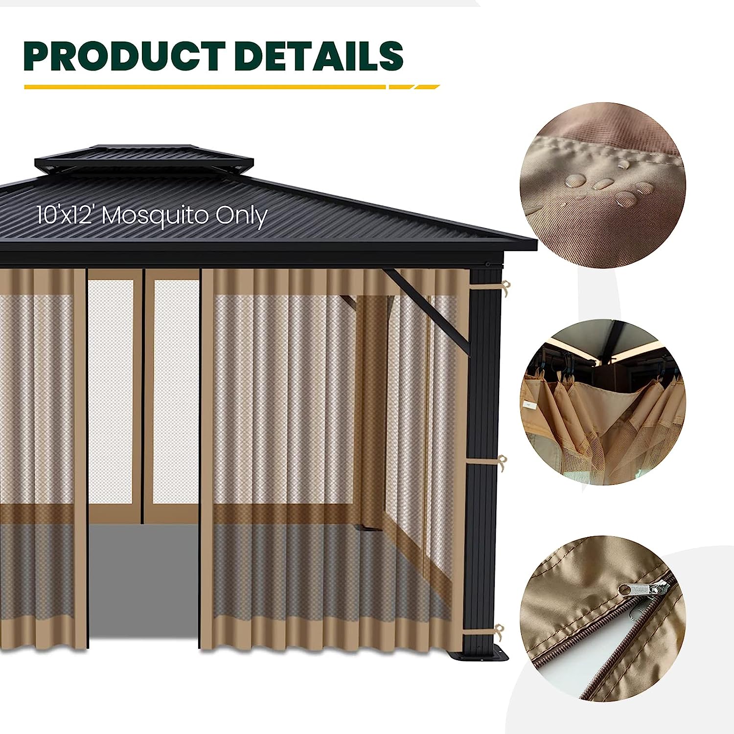 OLILAWN 10' x 12' Gazebo Universal Replacement Mosquito Netting,  Outdoor 4-Panel Sidewall Curtain