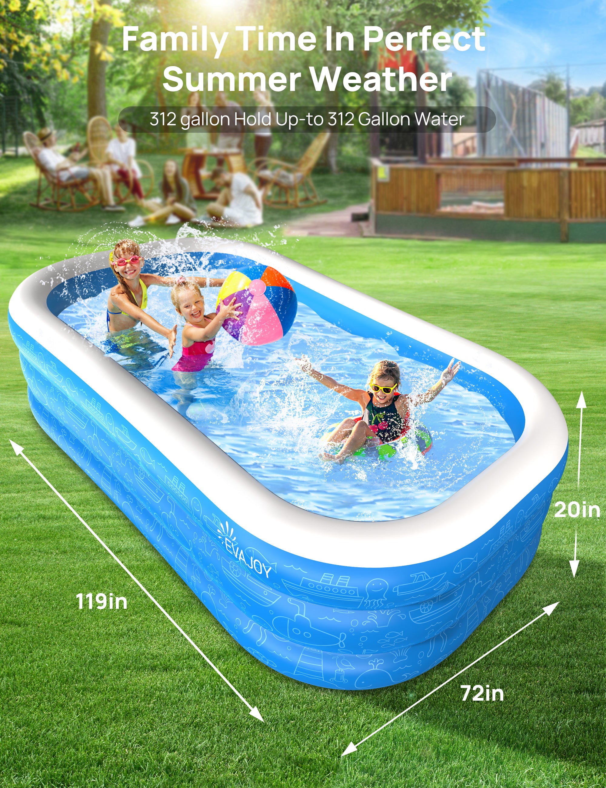 TaoTronics Inflatable Swimming Pools, 120'' x 72'' x 20'' Blow up Swimming Pools, Kiddie Pool Large Size Thickened Blow up Swimming Pools Play Center for Kids Children Family Outdoor Garden Backyard wm