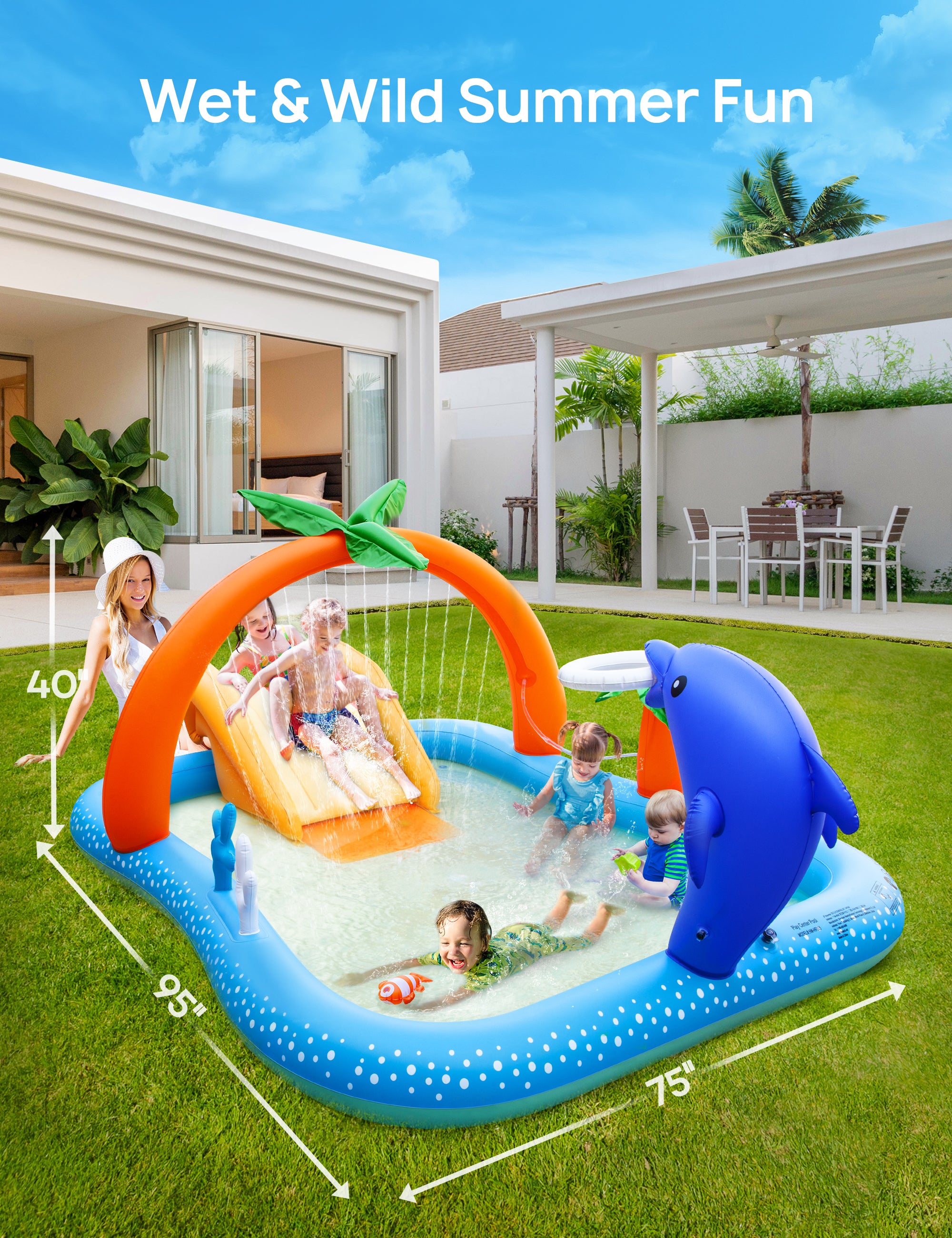 Sable Inflatable Pool, 95 x 75 x 40in Rectangular Swimming Pool for Toddlers, Kids, Family, Above Ground, Backyard, Outdoor wm