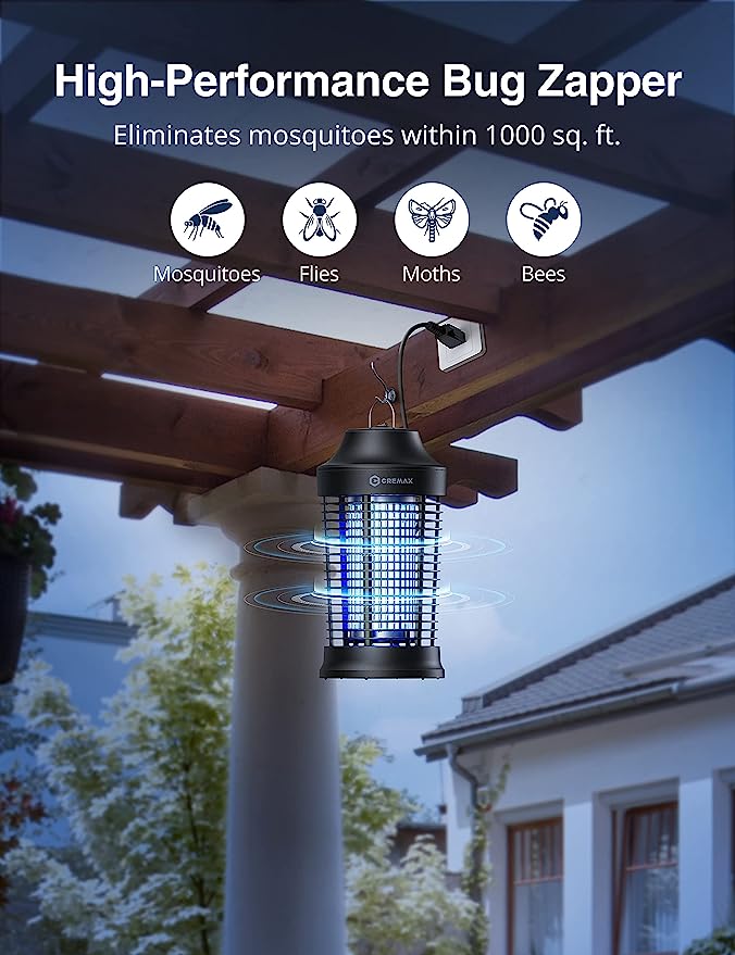 Mosquito Trap, Cremax Indoor and Outdoor Bug Zapper Fly Killer with 360° UV Light with Hook for Home, Backyard