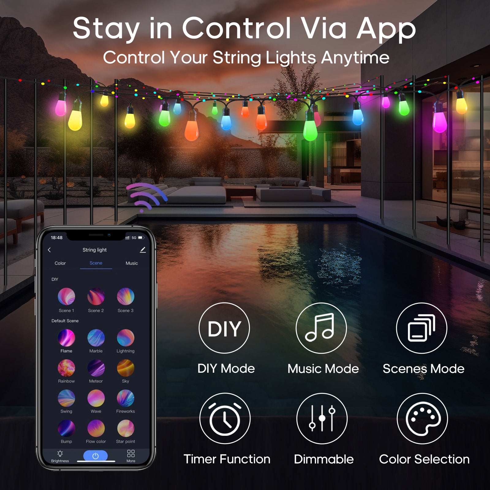 TaoTronics Smart LED Outdoor String Lights NB-OL010 50ft RGB Warm White LED Bulbs