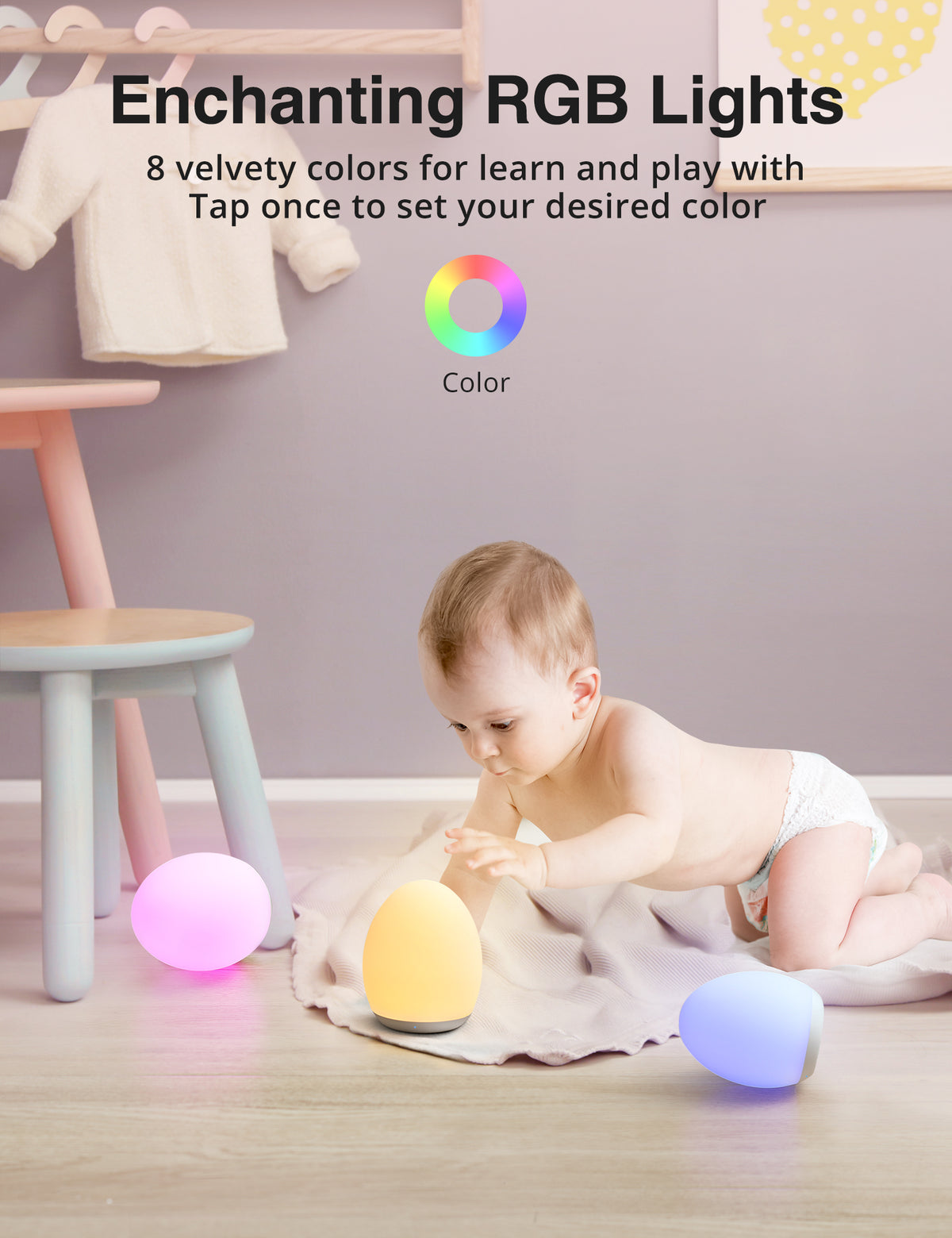 WM TaoTronics Night Light, Egg Light for Nursery with 7 RGB Colors Changeable & Stepless Dimming, Rechargeable Tap Light with 1h Timer & Touch Control, Portable Night Light for Babies BPA Free