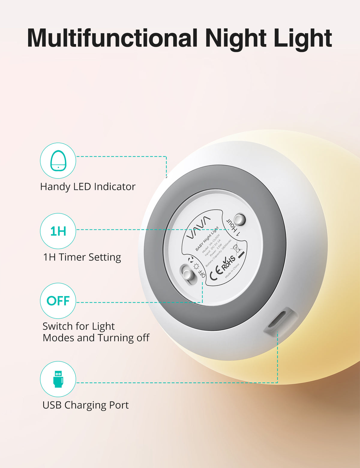 WM TaoTronics Night Light, Egg Light for Nursery with 7 RGB Colors Changeable & Stepless Dimming, Rechargeable Tap Light with 1h Timer & Touch Control, Portable Night Light for Babies BPA Free