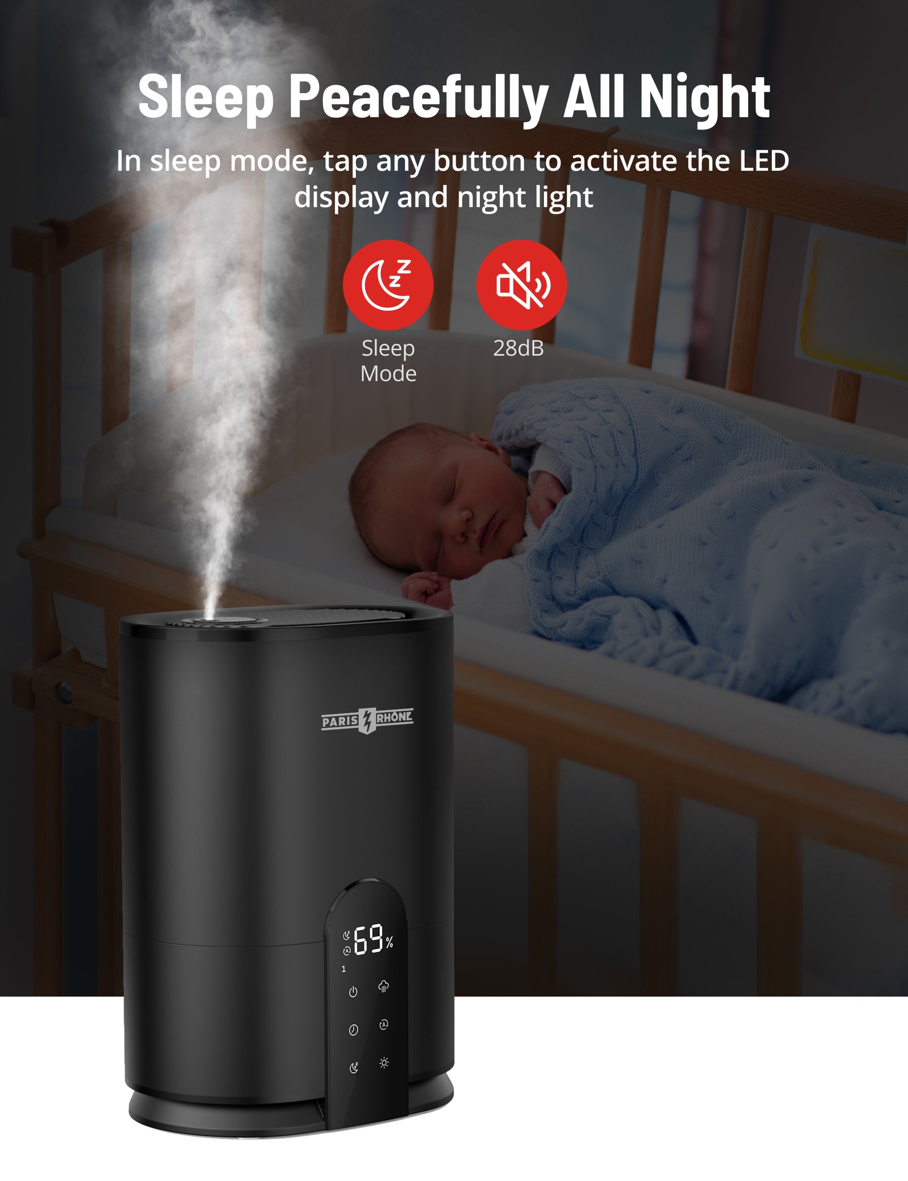 PARIS RHÔNE 4L Top Fill Humidifiers for Home Large Room, Essential Oil Diffuser, Auto Humidity Sensor