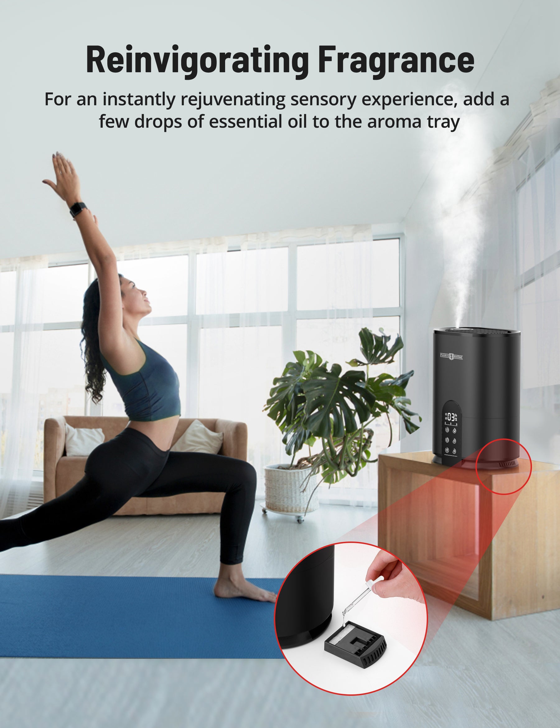 PARIS RHÔNE 4L Top Fill Humidifiers for Home Large Room, Essential Oil Diffuser, Auto Humidity Sensor