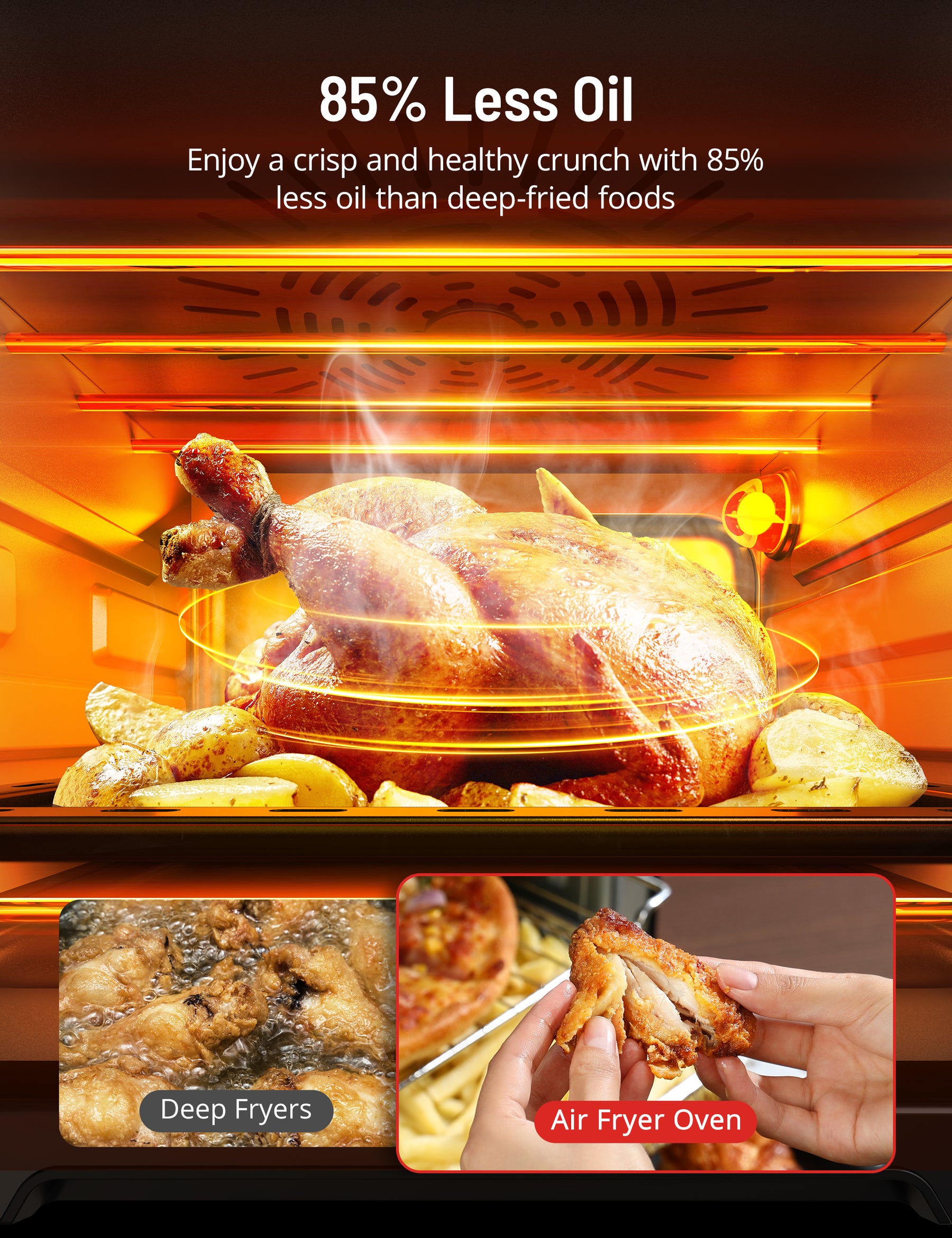 85%Less Oil Enjoy a crisp and healthy crunch with 85% ess oil than deep-fried foods