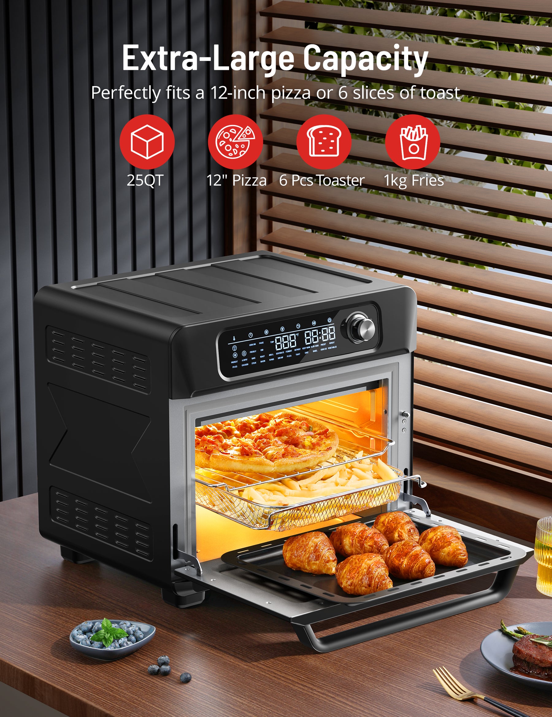 Extra-Large Capacity Perfectly fits a 12-inch pizza or 6 slices of toast
