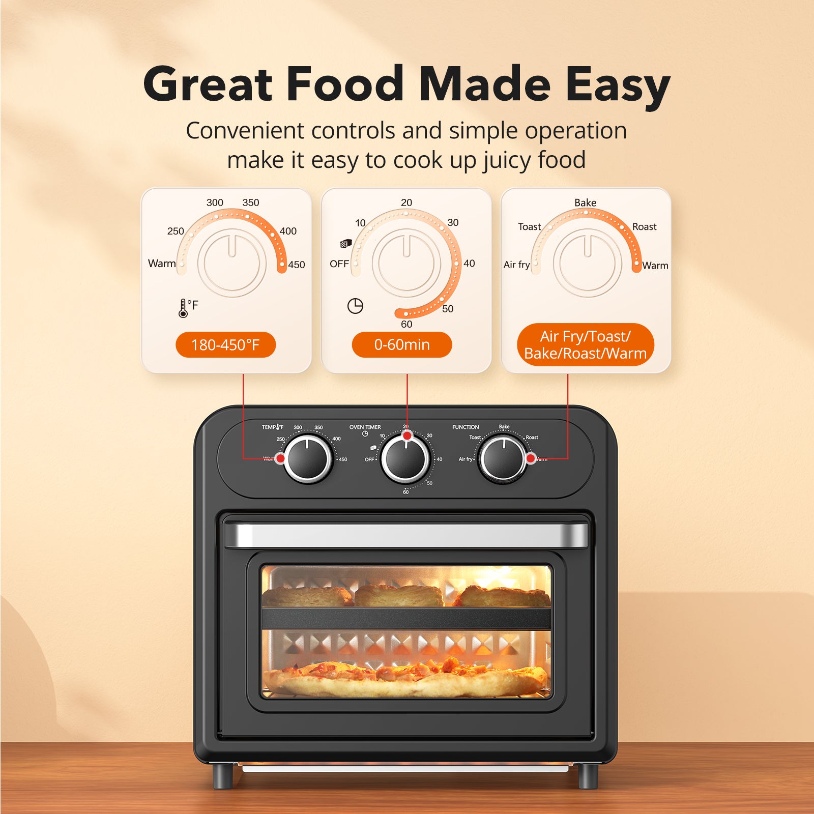 Air Fryer, 1700W 14.8 QT, 5 in 1 Toaster Oven Countertop, Oil-Less Cooking, Stainless Steel, Dishwasher safe, Black