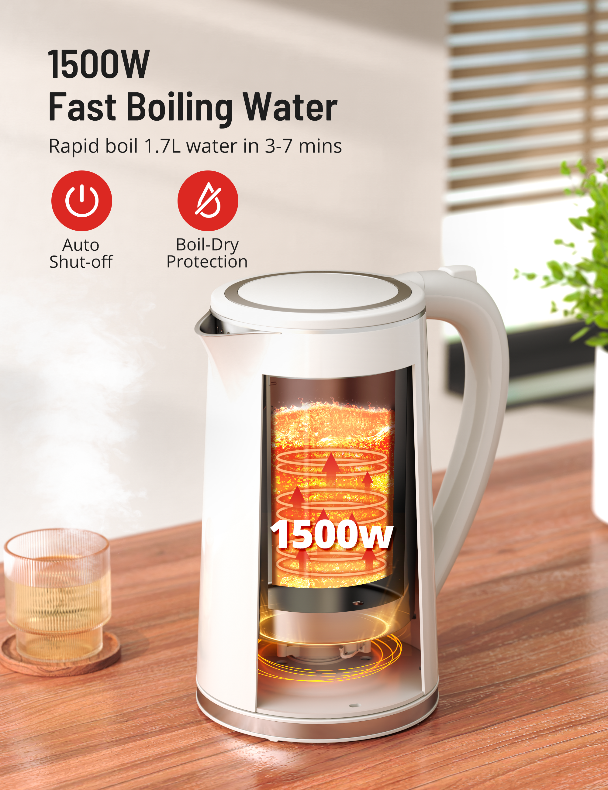 TaoTronics Electric Kettle 1.7L 1500W for Tea and Coffee, BPA-Free, Auto Shut-Off PE-EK022