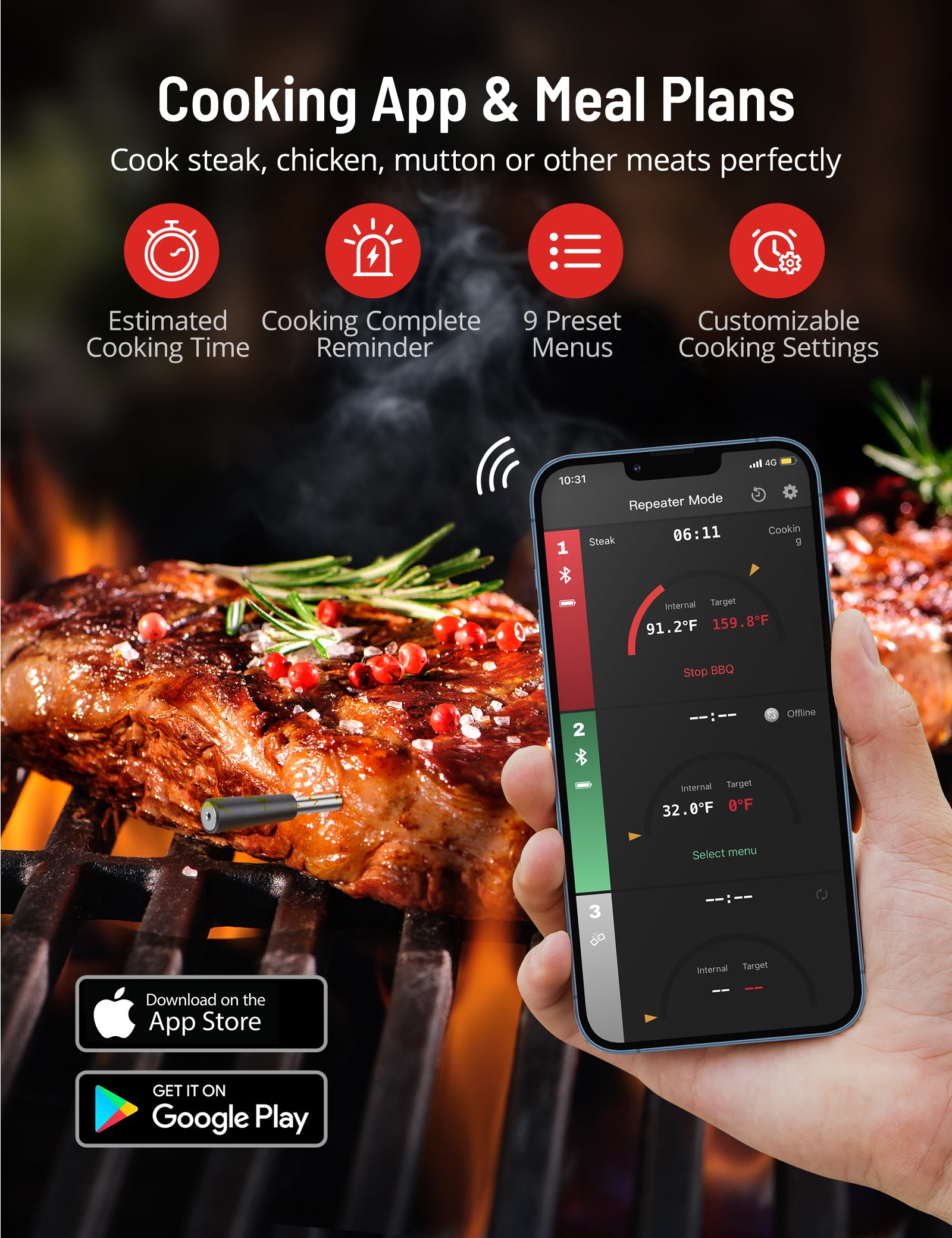Meat Thermometer TM001, Advanced APP Cooking Guides Wireless