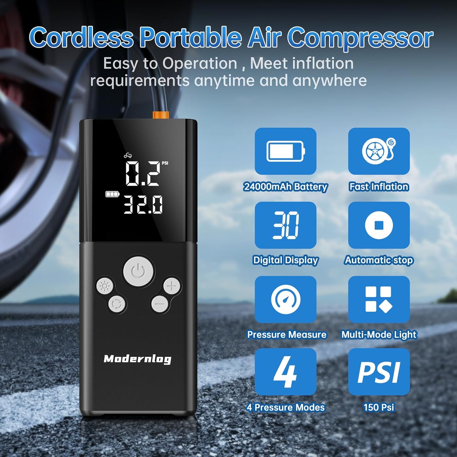 Tire Inflator Portable Air Compressor, 24000mAh 150PSI Portable Air Compressor, 3X Fast Cordless Electric Tire Pump