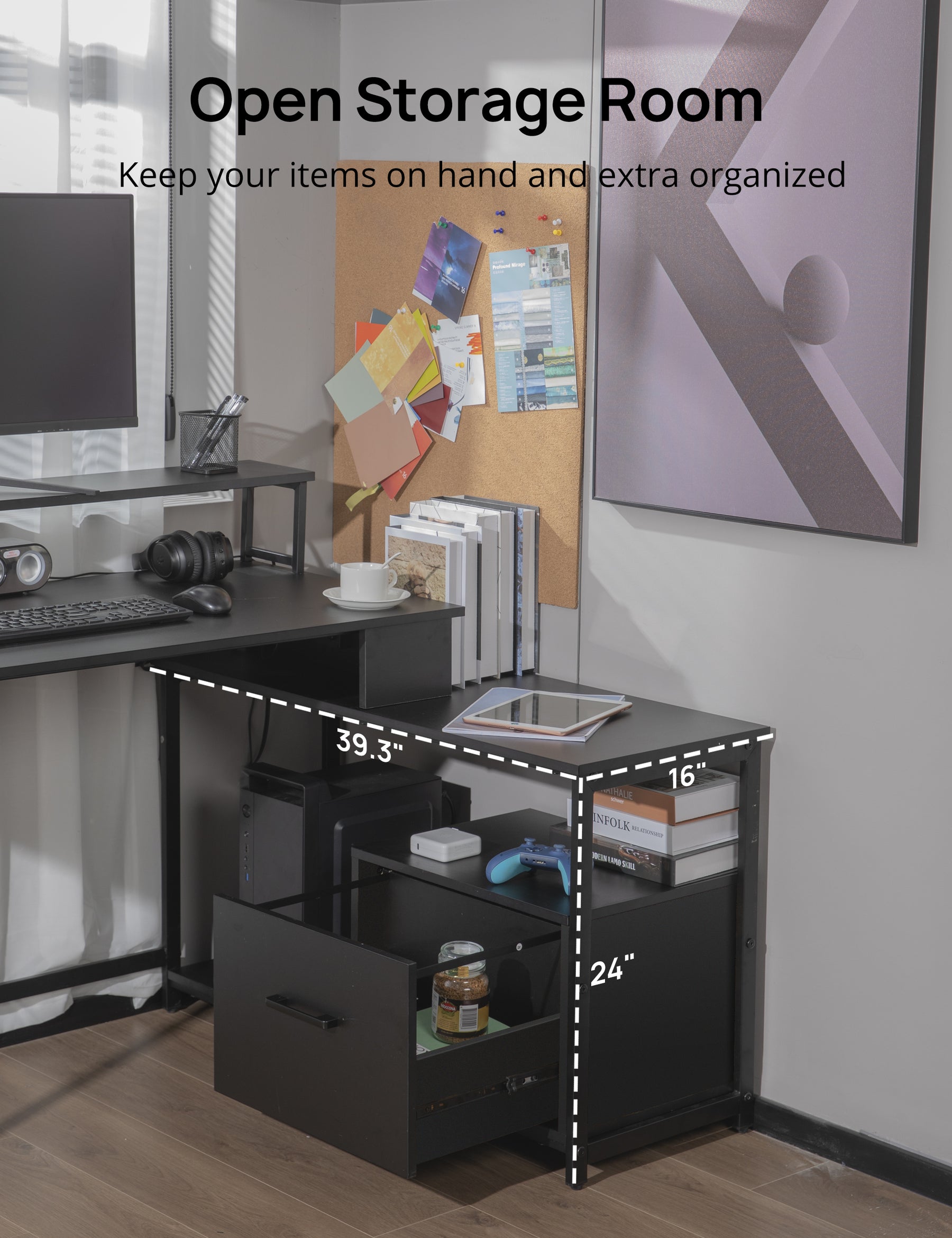 Evajoy Home Office Computer Desk with File Drawer, LED Strip, Ergonomic L-Shaped Gaming Desk