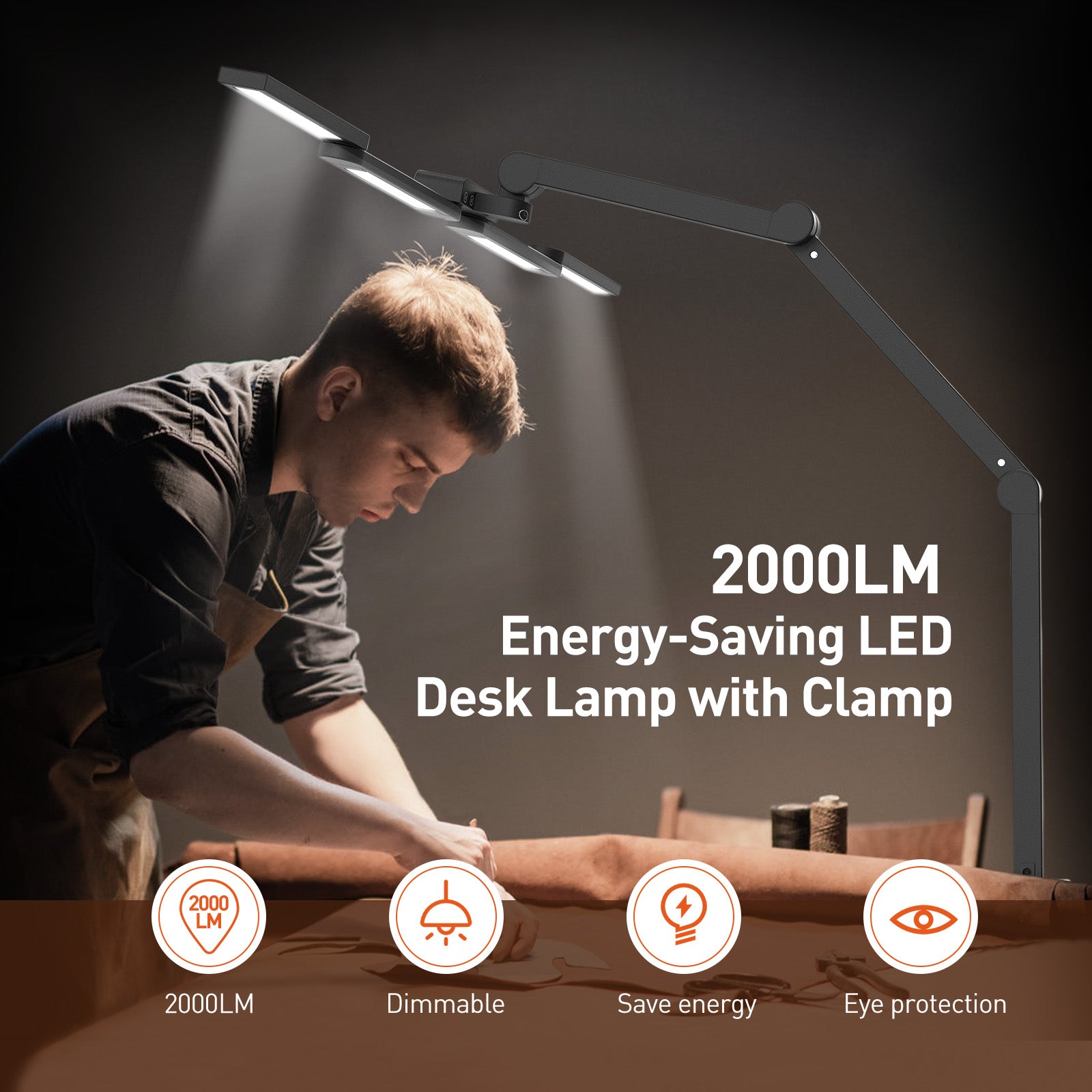 Sympa LED Desk Lamp with Clamp, 40" Large Adjustable Desk Lamps for Home Office, Stepless Dimming, 7 Brightness & 5 Colors Temperatures
