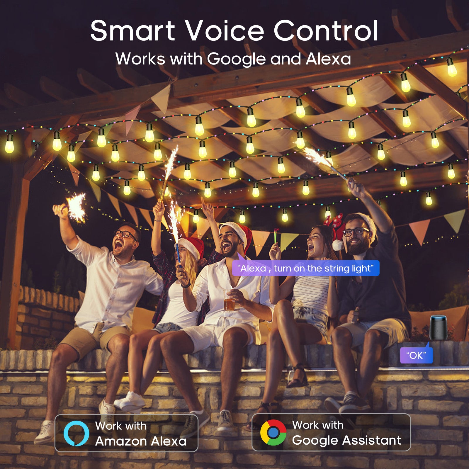 TaoTronics Smart LED Outdoor String Lights NB-OL010 50ft RGB Warm White LED Bulbs