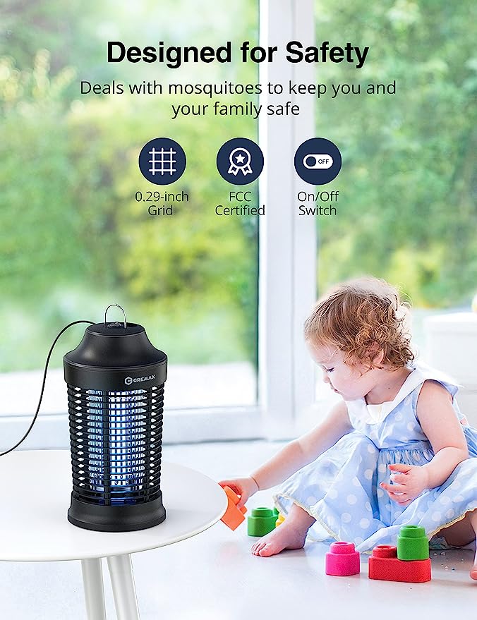 Mosquito Trap, Cremax Indoor and Outdoor Bug Zapper Fly Killer with 360° UV Light with Hook for Home, Backyard