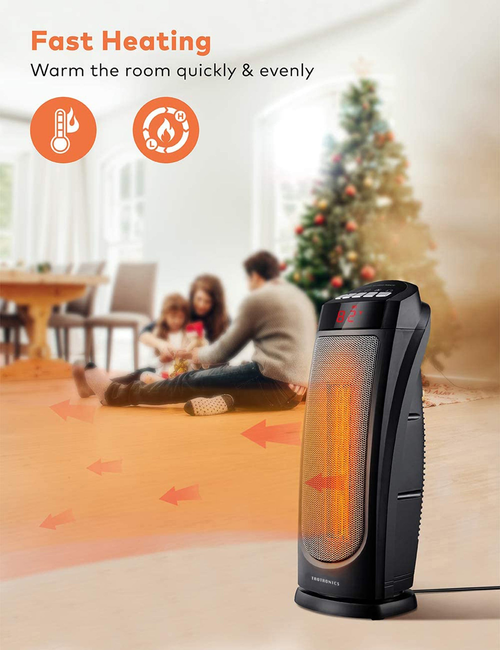 TaoTronics Space Heater, Ceramic Tower Heater with Eco Mode, Remote Control, 65° Oscillation, 12H Timer, Overheating & Tip-Over Protection, PTC Electric Heater for Bedroom/Living Room/ Office WM