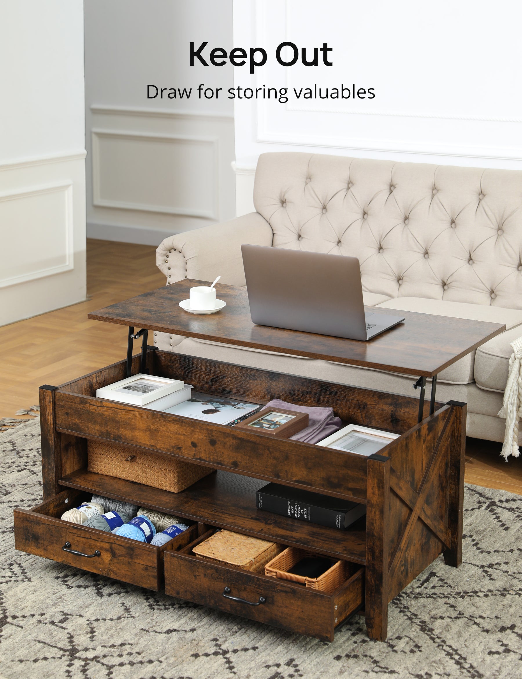 Evajoy Lift Top Coffee Table, Modern Coffee Table with 2 Storage Drawers and Hidden Compartment