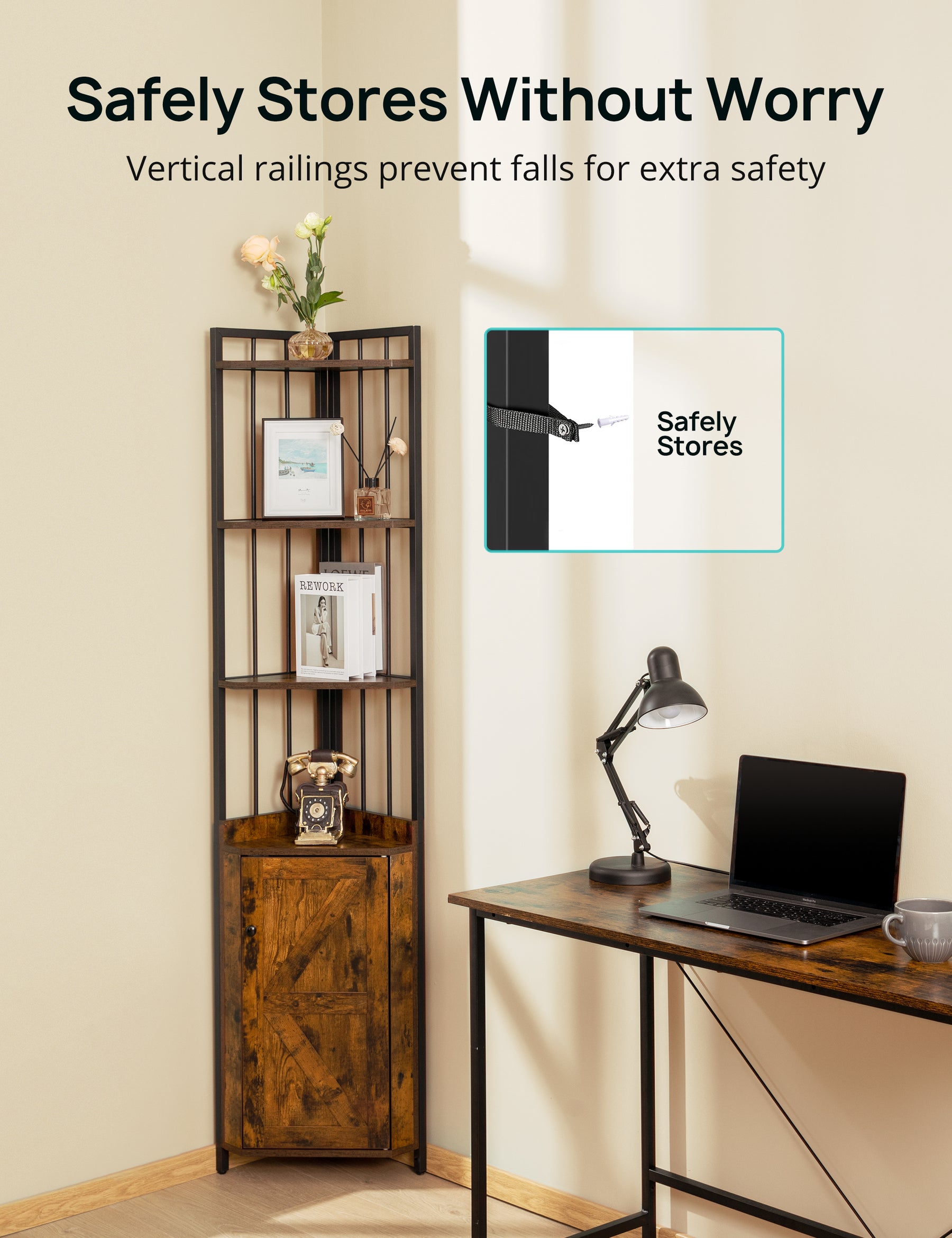 Evajoy Corner Shelf 5-Tier with Storage, 71'' Industrial Rustic Tall Corner Bookshelf Stand 2023