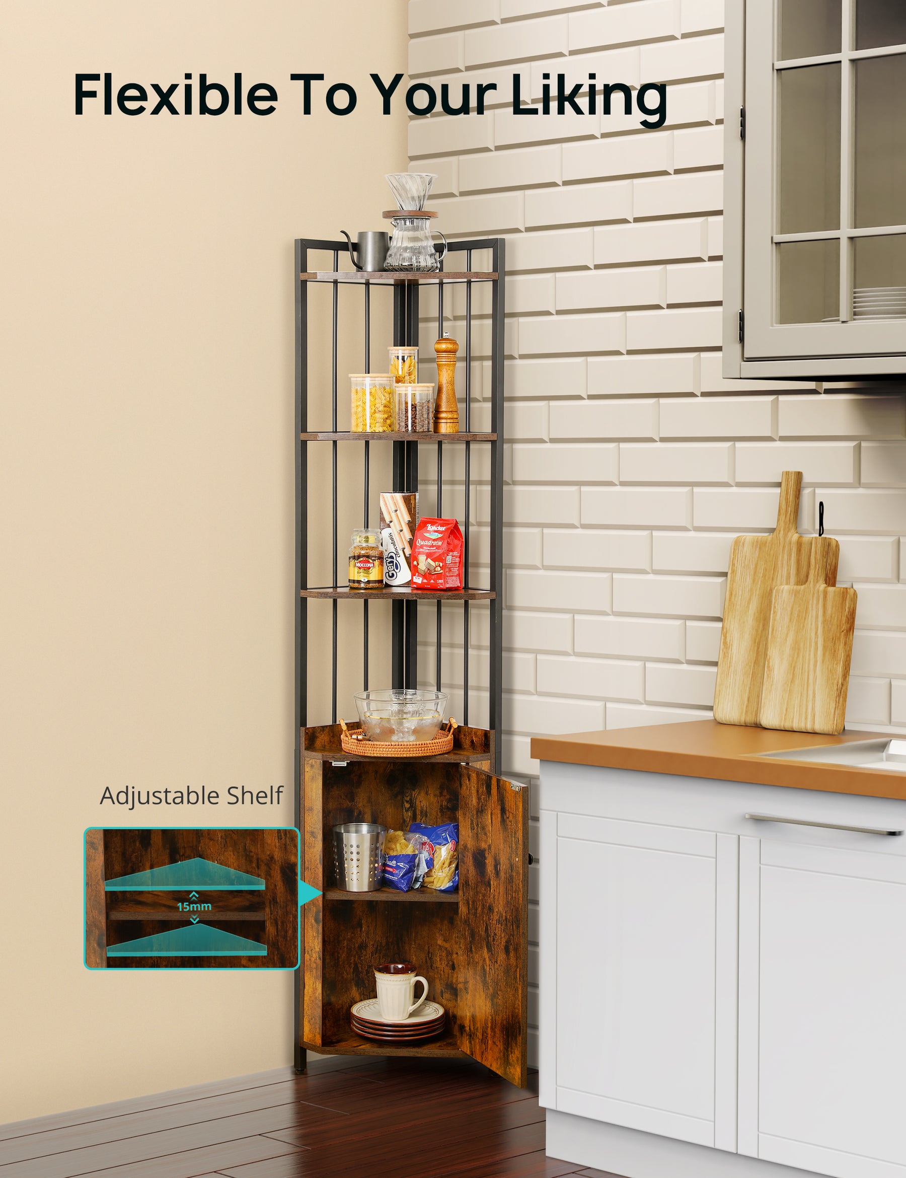 Evajoy Corner Shelf 5-Tier with Storage, 71'' Industrial Rustic Tall Corner Bookshelf Stand 2023