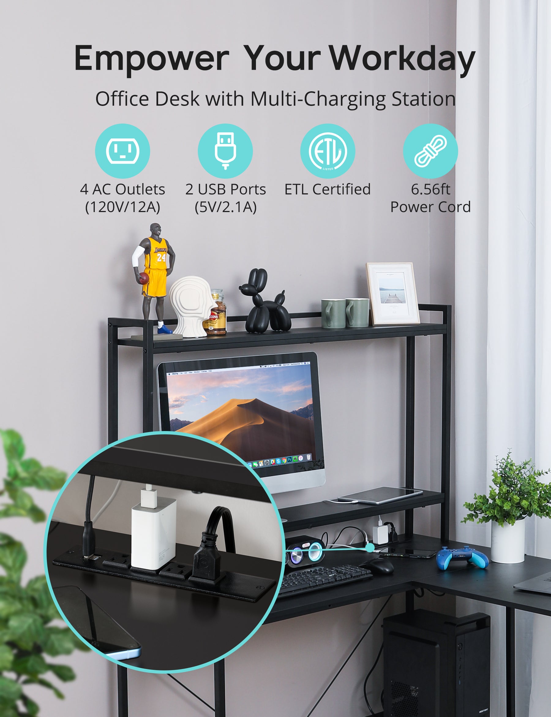 Evajoy Home Office Desk, 94.5” Two Person L-Shaped Gaming Desk with AC Outlets and USB Ports