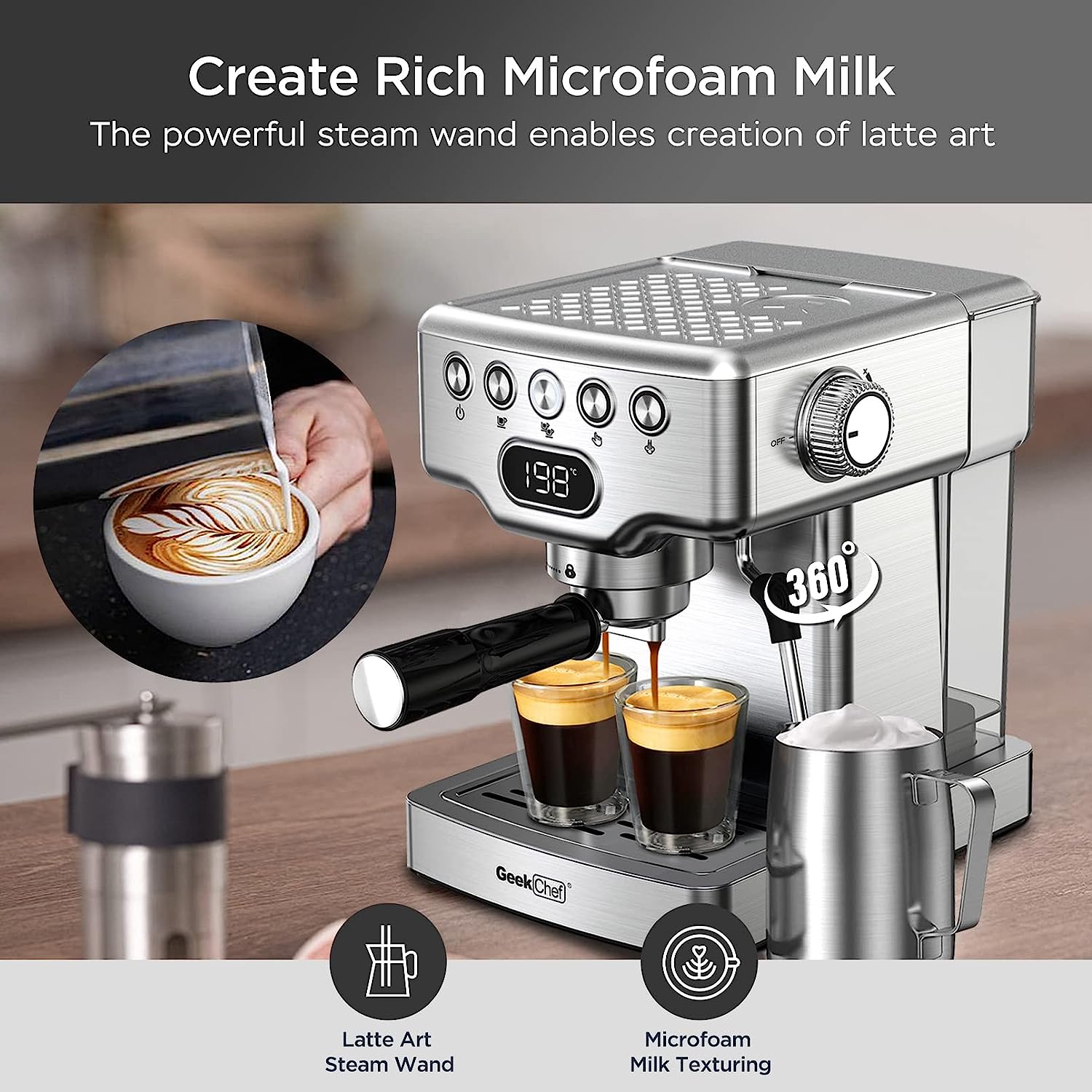 Geek Chef Espresso Machine,20 bar espresso machine with milk frother for latte,cappuccino