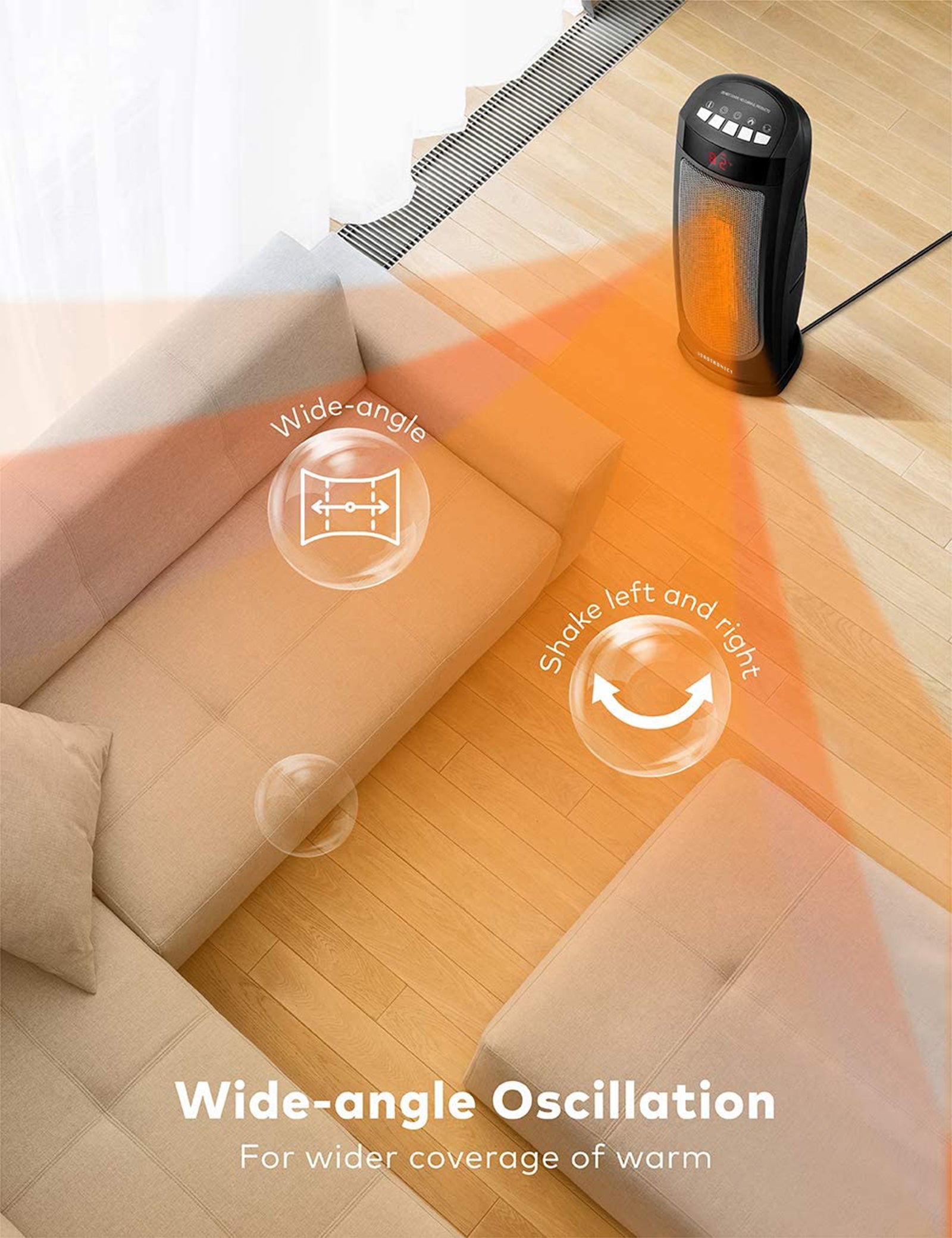 TaoTronics Space Heater, Ceramic Tower Heater with Eco Mode, Remote Control, 65° Oscillation, 12H Timer, Overheating & Tip-Over Protection, PTC Electric Heater for Bedroom/Living Room/ Office WM