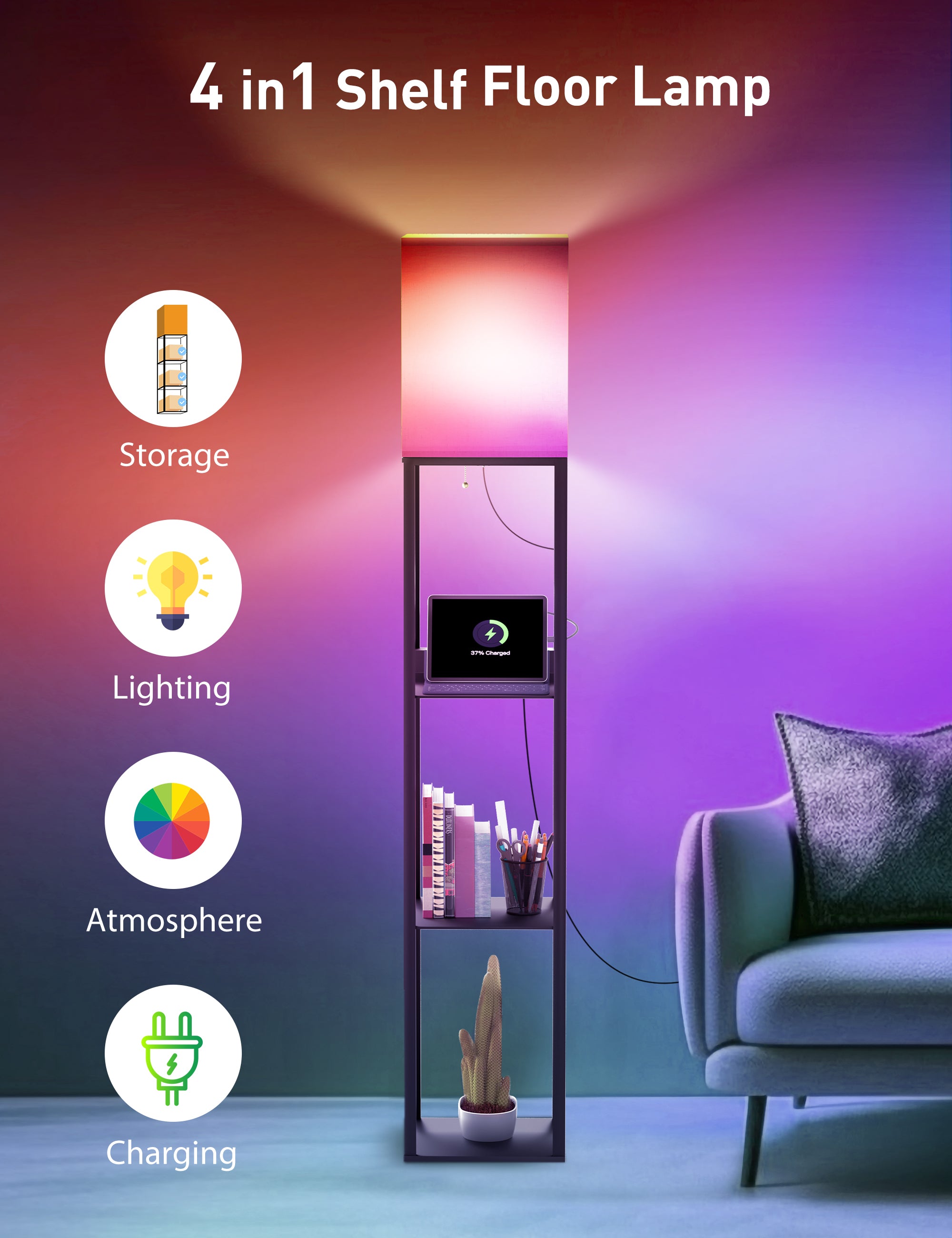 TaoTronics 4-in-1 Smart RGB Floor Lamp with Shelves NB-DL003, Dimmable RGB Solid Standing Lamp with Wireless Charging
