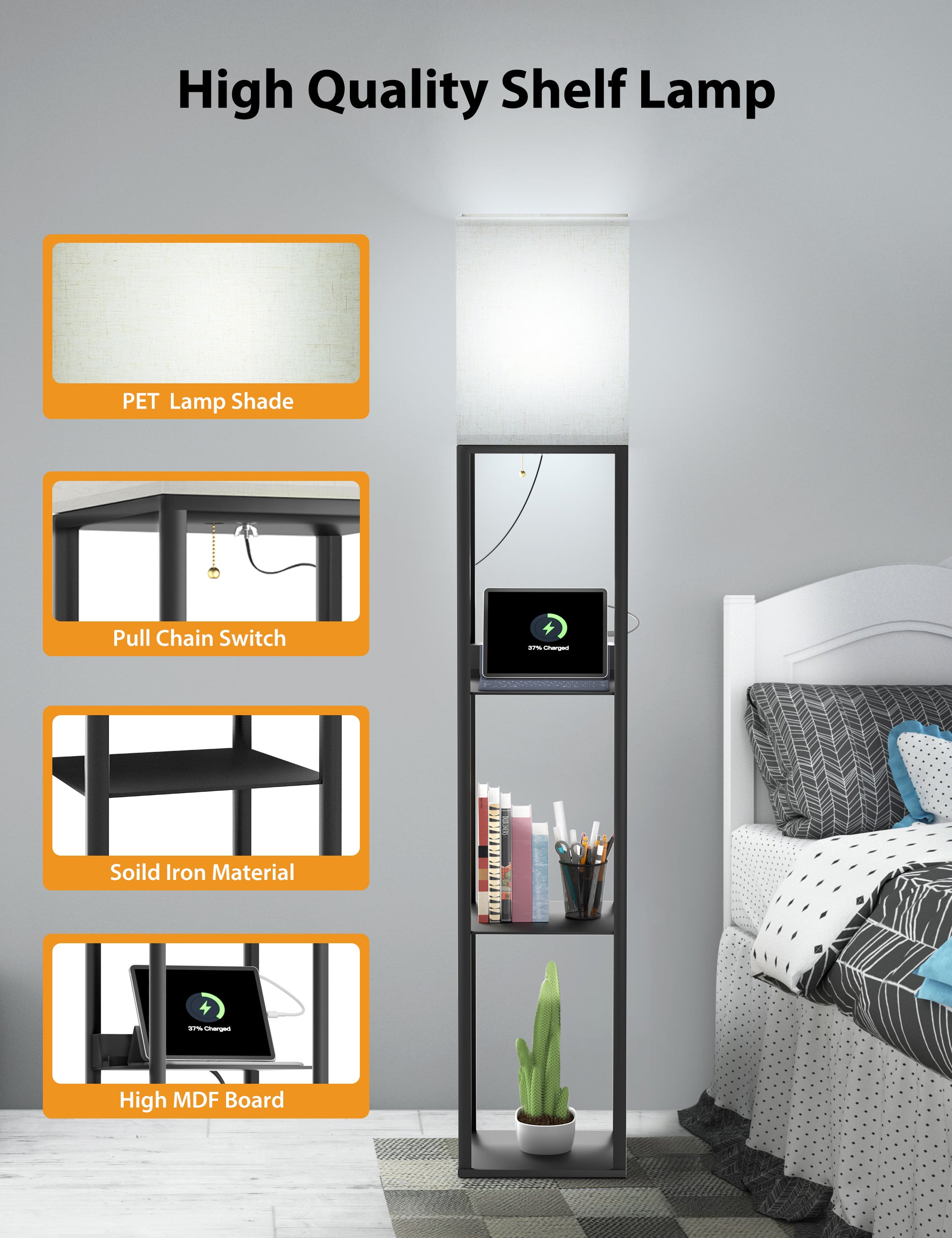 TaoTronics 4-in-1 Smart RGB Floor Lamp with Shelves NB-DL003, Dimmable RGB Solid Standing Lamp with Wireless Charging