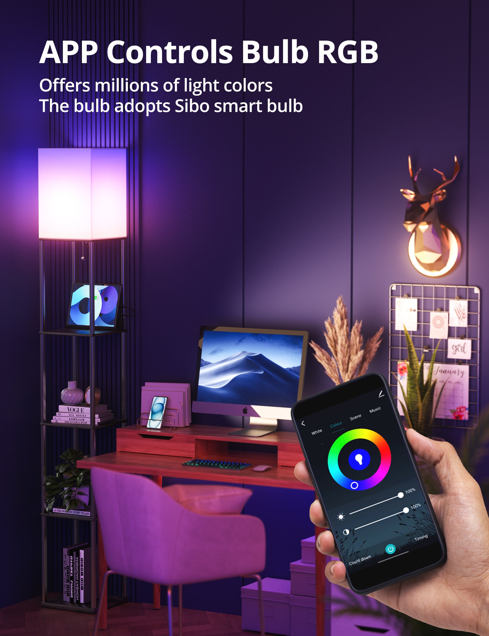 TaoTronics Smart RGB Floor Lamp with Shelves NB-DL004, Dimmable Solid Wood Standing Lamp with 1 Smart Bulb