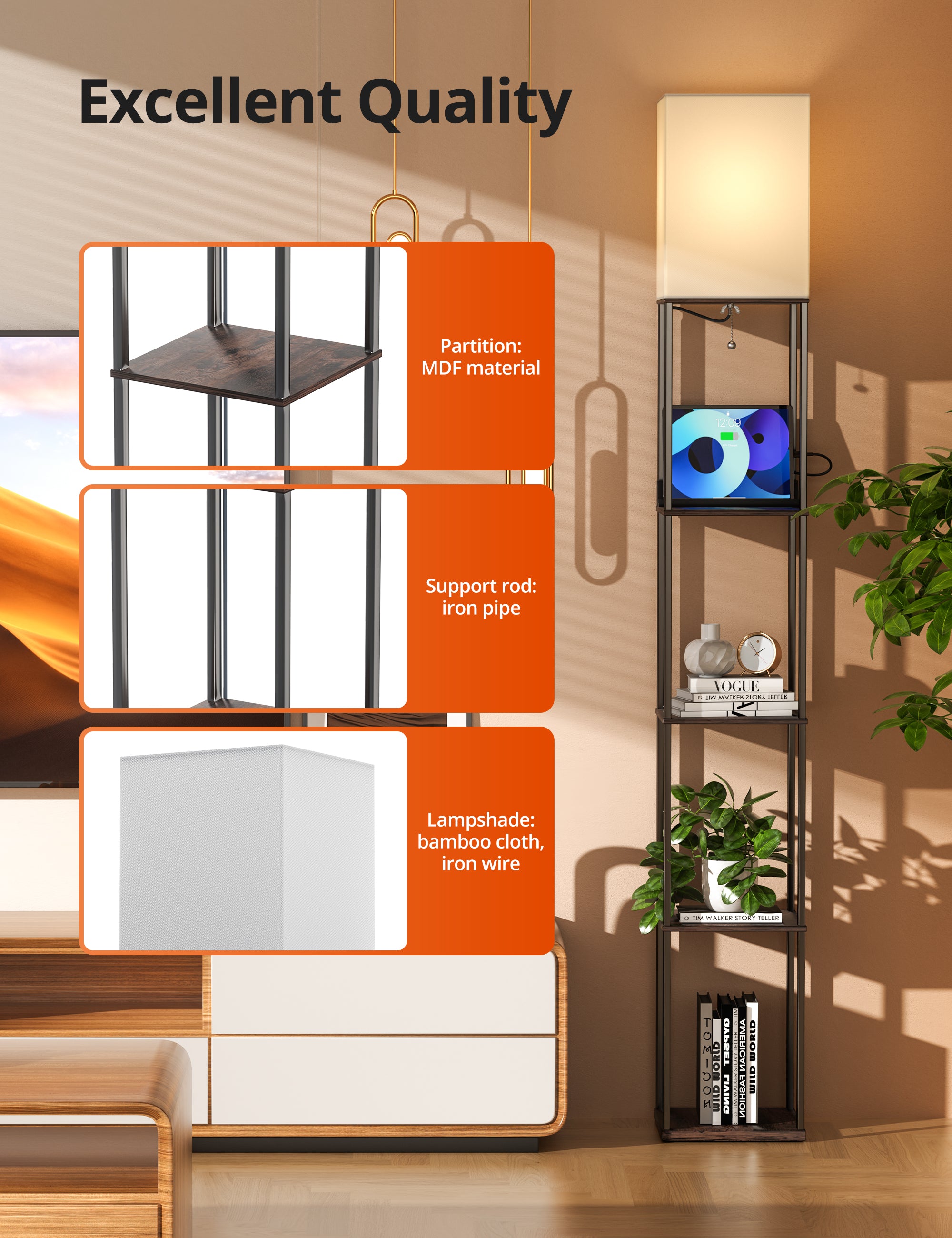 TaoTronics Smart RGB Floor Lamp with Shelves NB-DL004, Dimmable Solid Wood Standing Lamp with 1 Smart Bulb