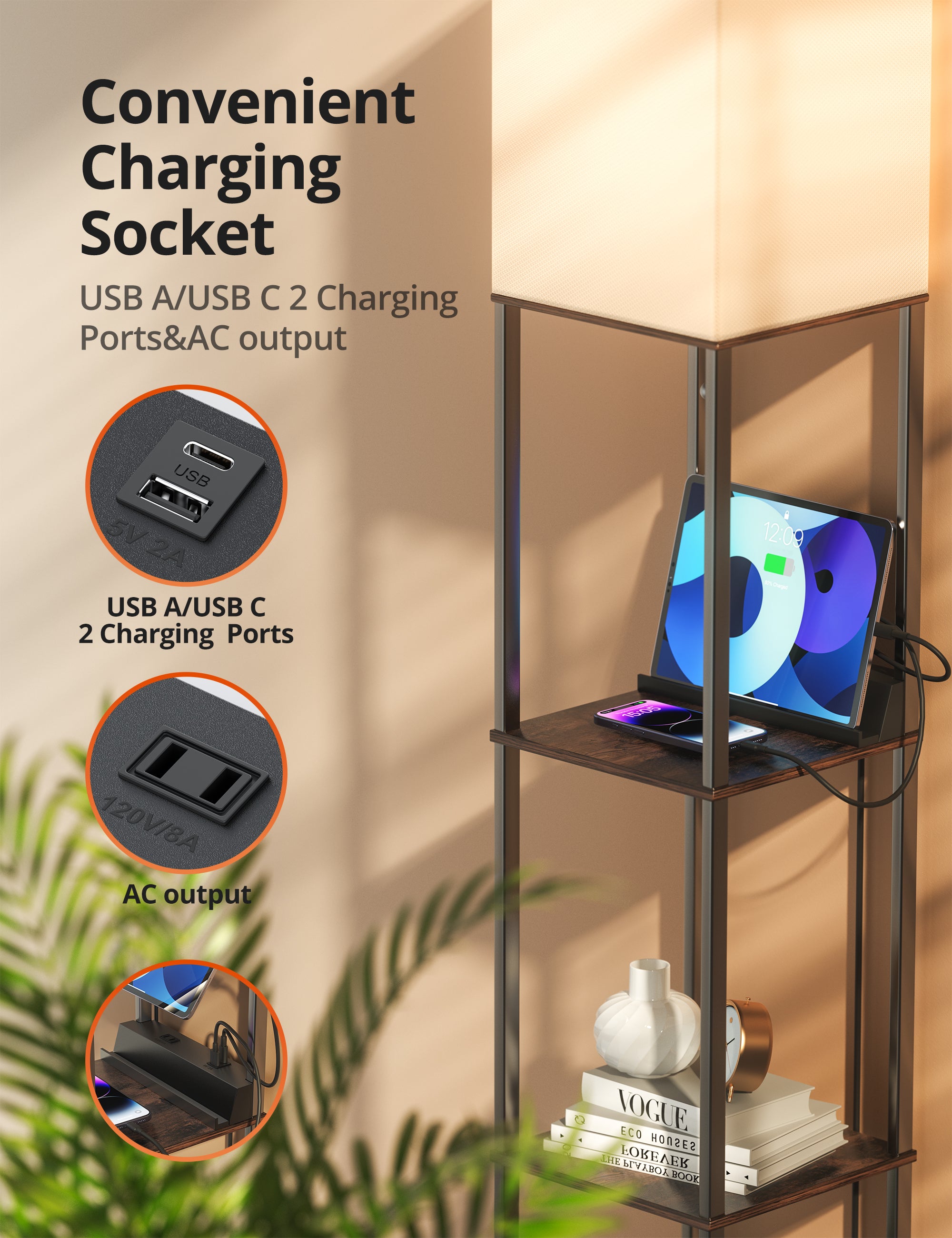 TaoTronics Smart RGB Floor Lamp with Shelves NB-DL004, Dimmable Solid Wood Standing Lamp with 1 Smart Bulb