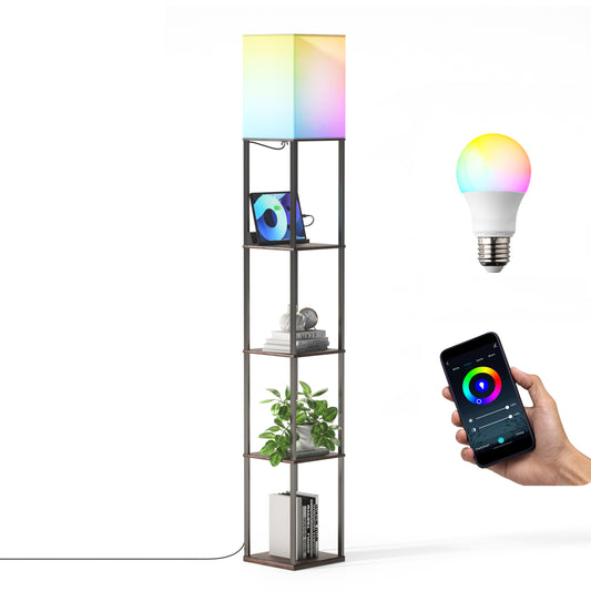 TaoTronics Smart RGB Floor Lamp with Shelves NB-DL004, Dimmable Solid Wood Standing Lamp with 1 Smart Bulb