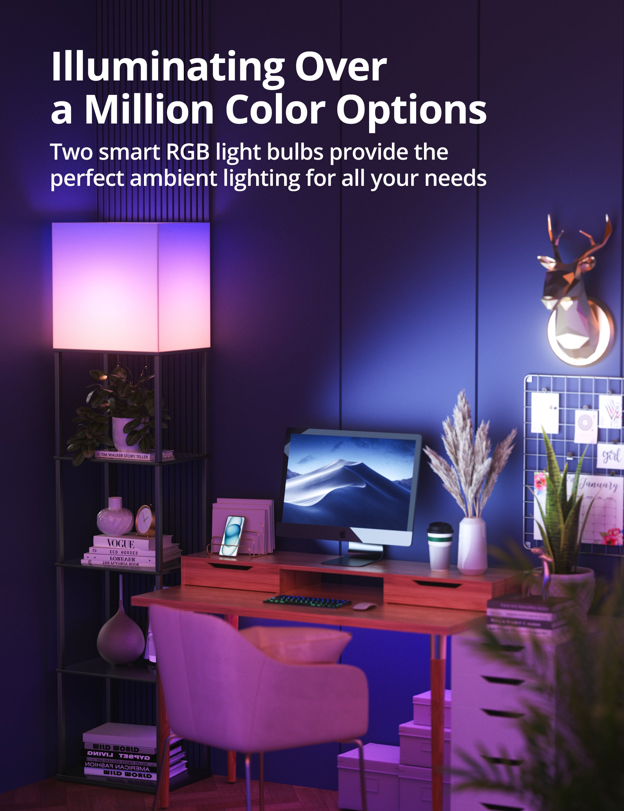 TaoTronics Smart RGB Floor Lamp with Shelves NB-DL005, Dimmable Solid Wood Standing Lamp with 2 Smart Bulbs