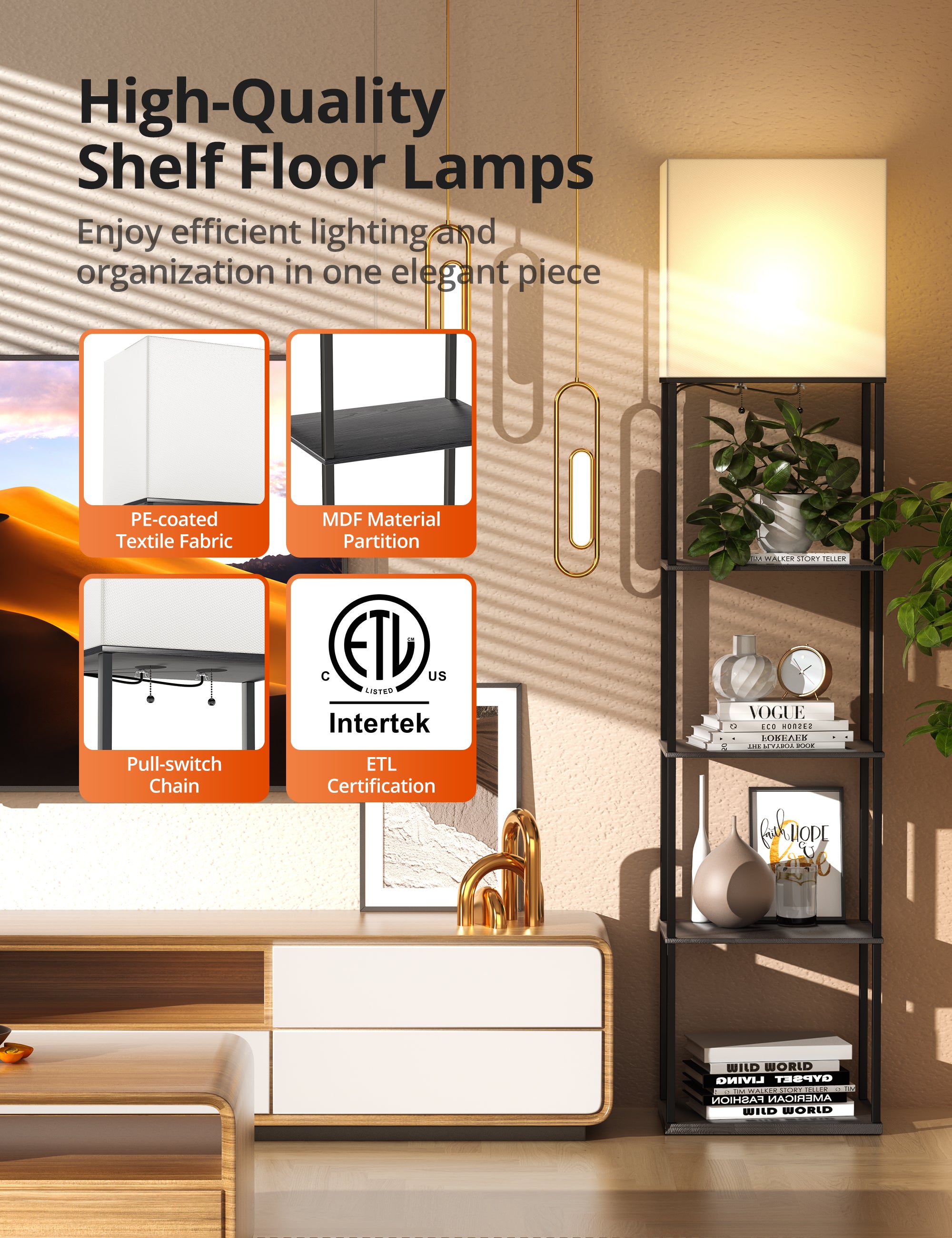 TaoTronics Smart RGB Floor Lamp with Shelves NB-DL005, Dimmable Solid Wood Standing Lamp with 2 Smart Bulbs